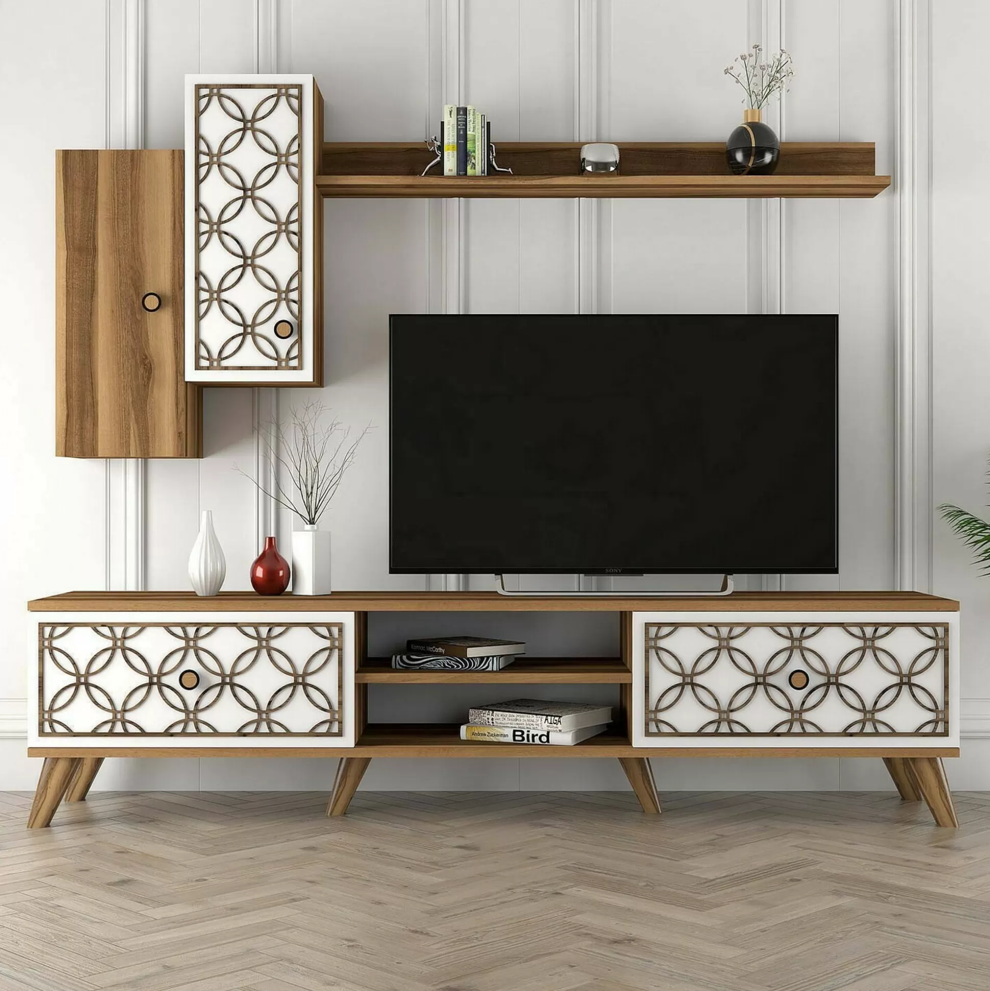 Dmora Mobili Porta Tv<Mobile porta TV Nunzia, 180x35h44 cm, Noce e Bianco