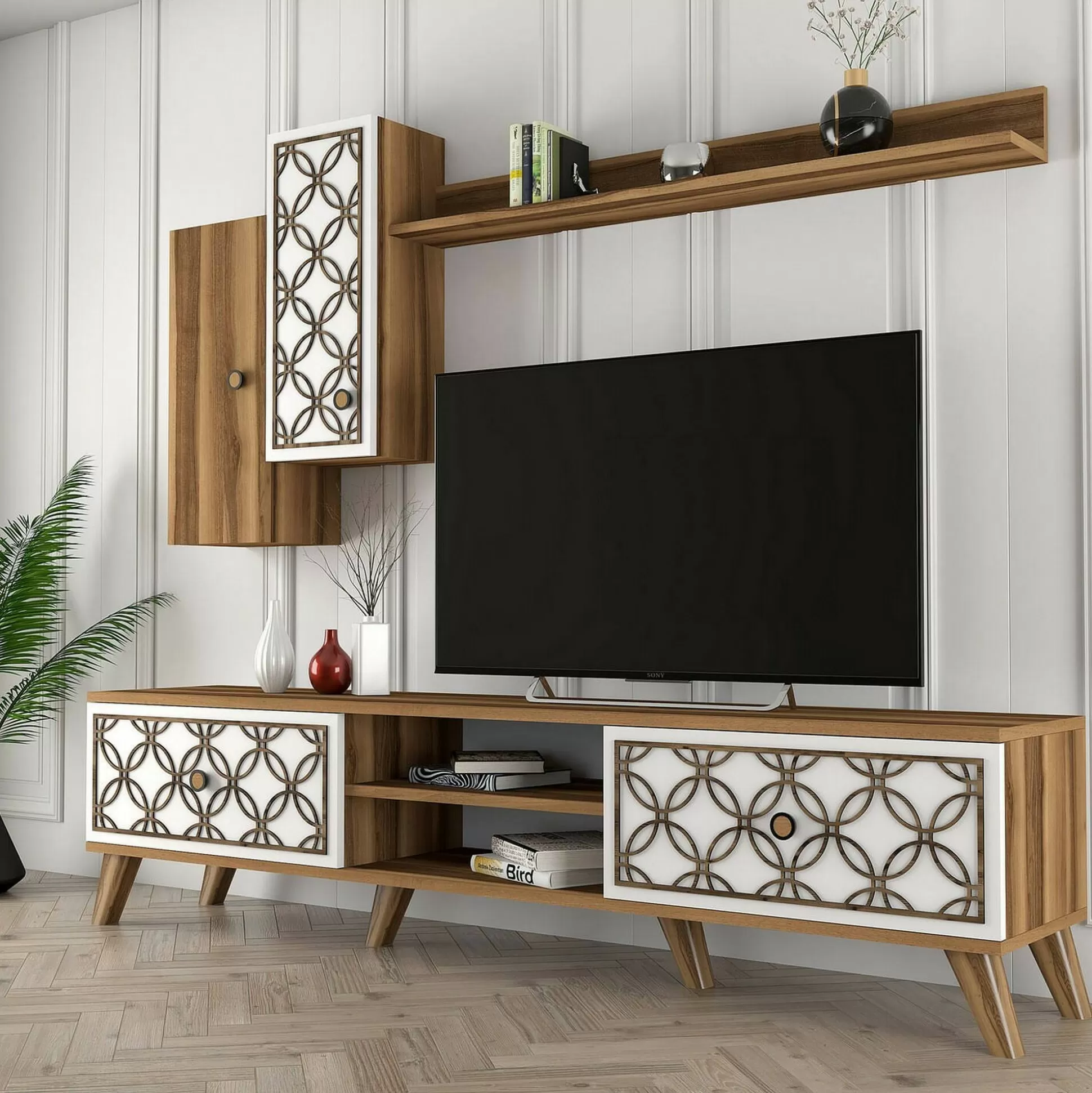 Dmora Mobili Porta Tv<Mobile porta TV Nunzia, 180x35h44 cm, Noce e Bianco