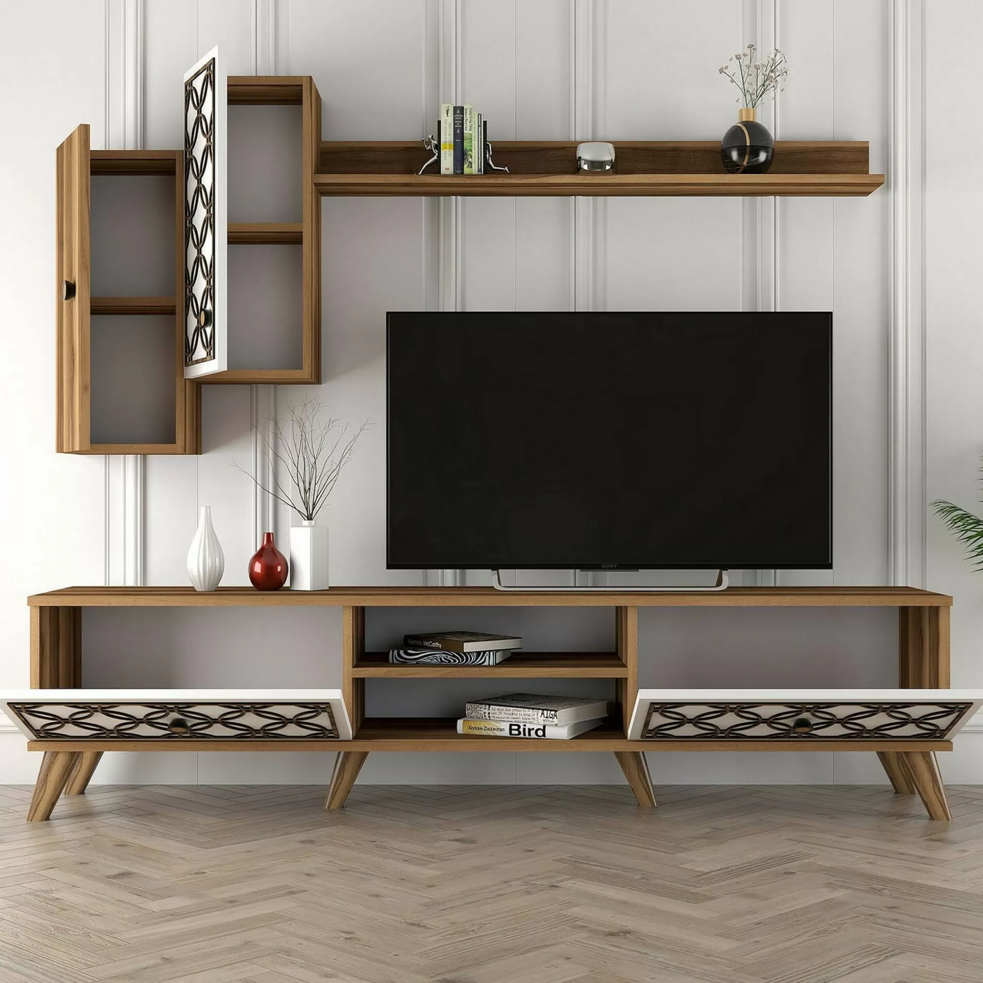 Dmora Mobili Porta Tv<Mobile porta TV Nunzia, 180x35h44 cm, Noce e Bianco