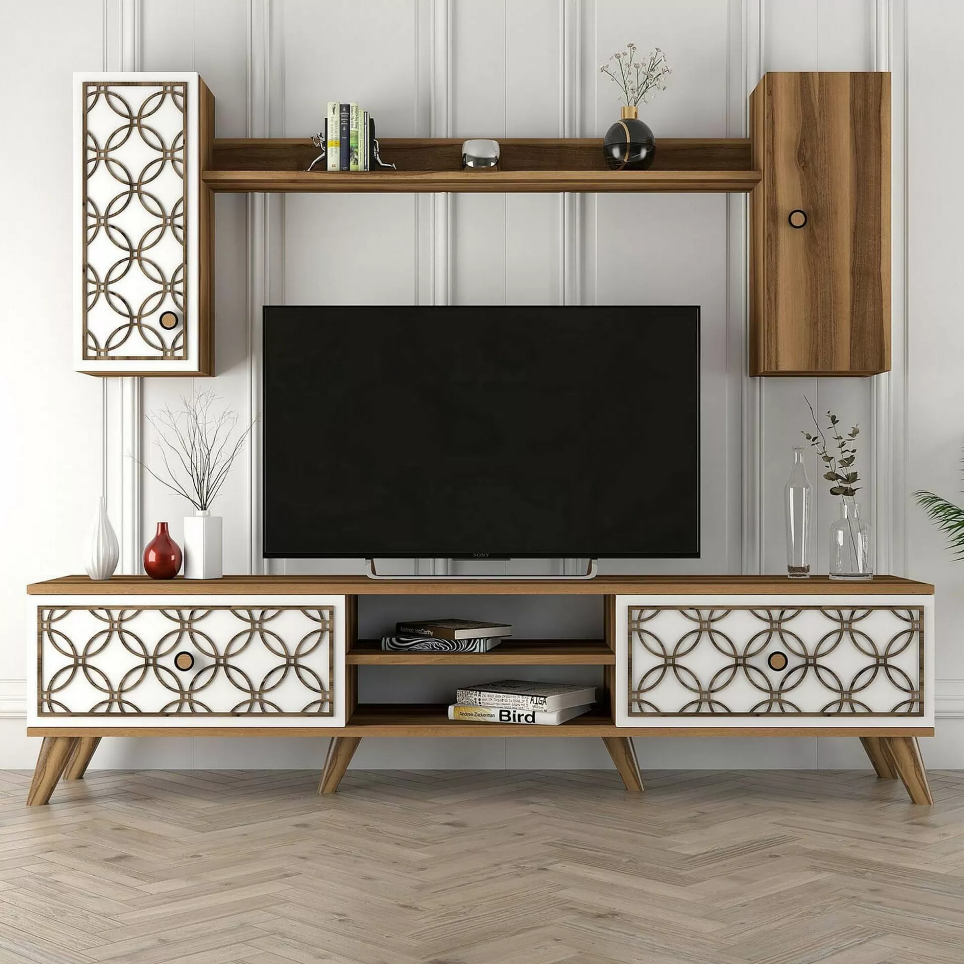 Dmora Mobili Porta Tv<Mobile porta TV Nunzia, 180x35h44 cm, Noce e Bianco