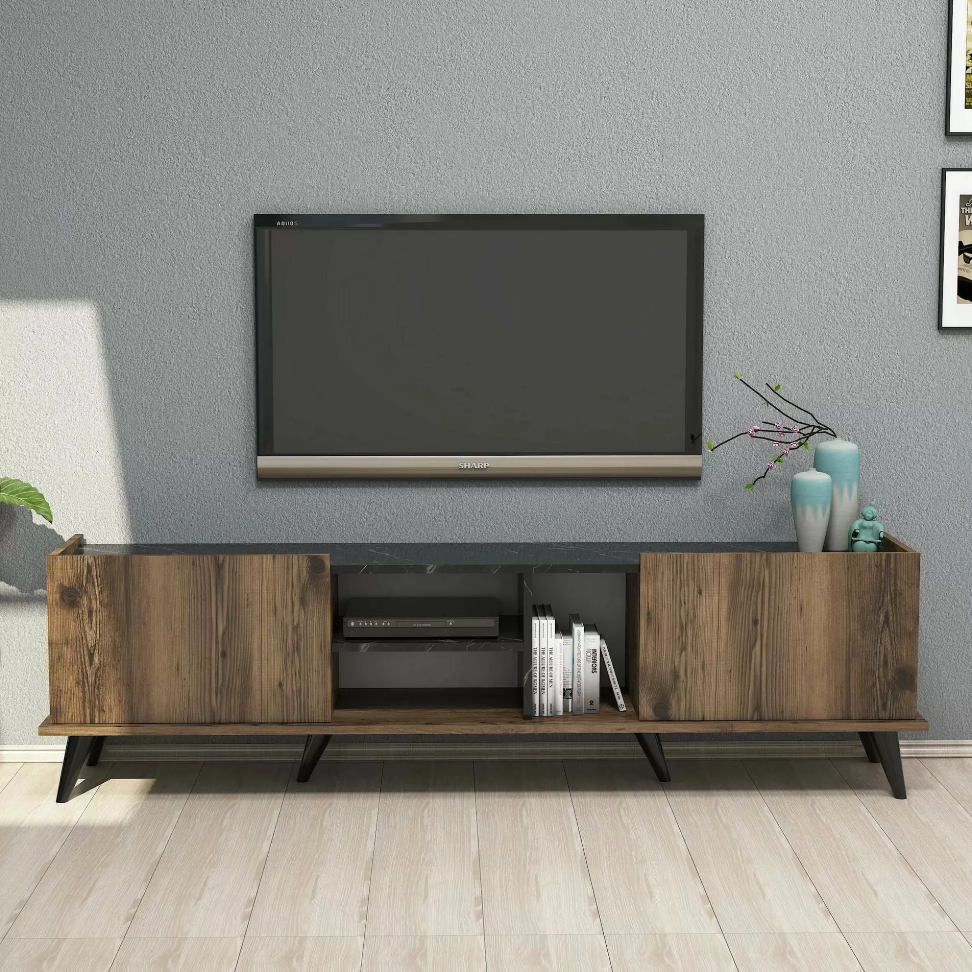 Dmora Mobili Porta Tv<Mobile porta TV Paine, 180x34 h52 cm, Noce e Nero