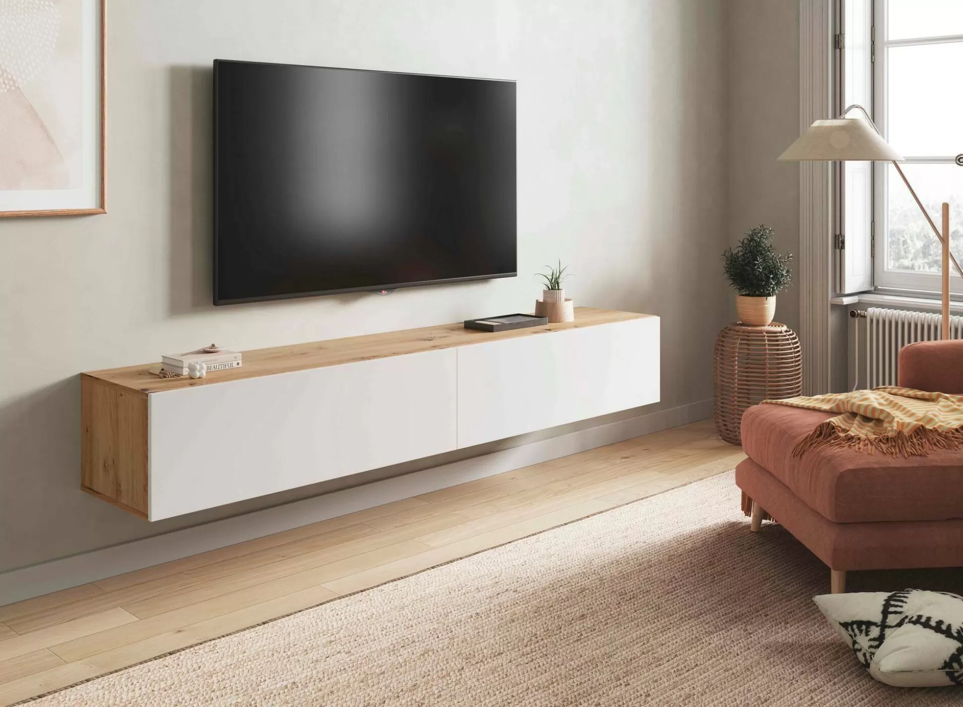 Dmora Mobili Porta Tv<Mobile porta TV Senectus, 180x35h28 cm, Rovere Nodi e Bianco lucido