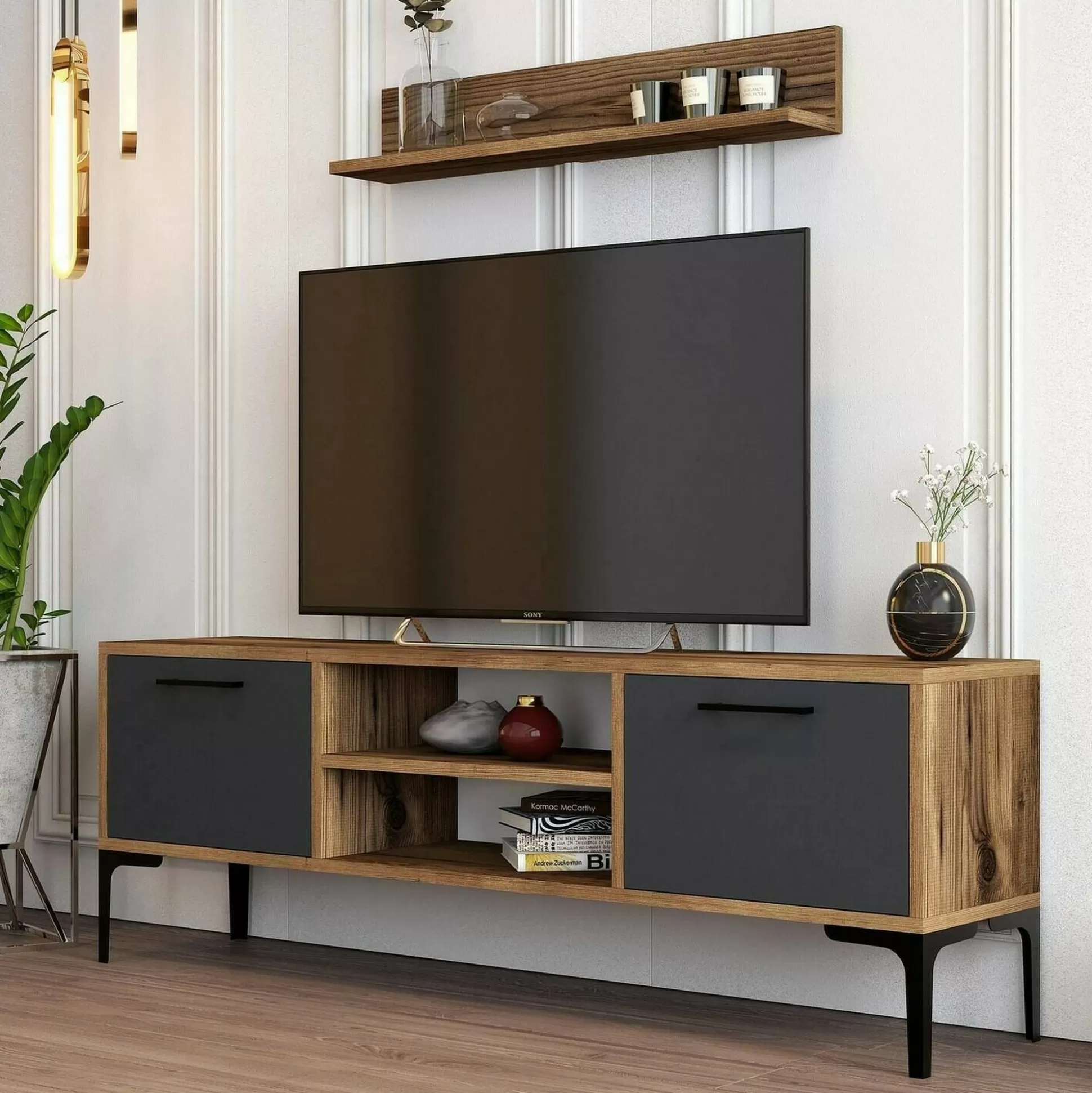Dmora Mobili Porta Tv<Mobile porta TV sri, 140x30h48 cm, Noce e Antracite