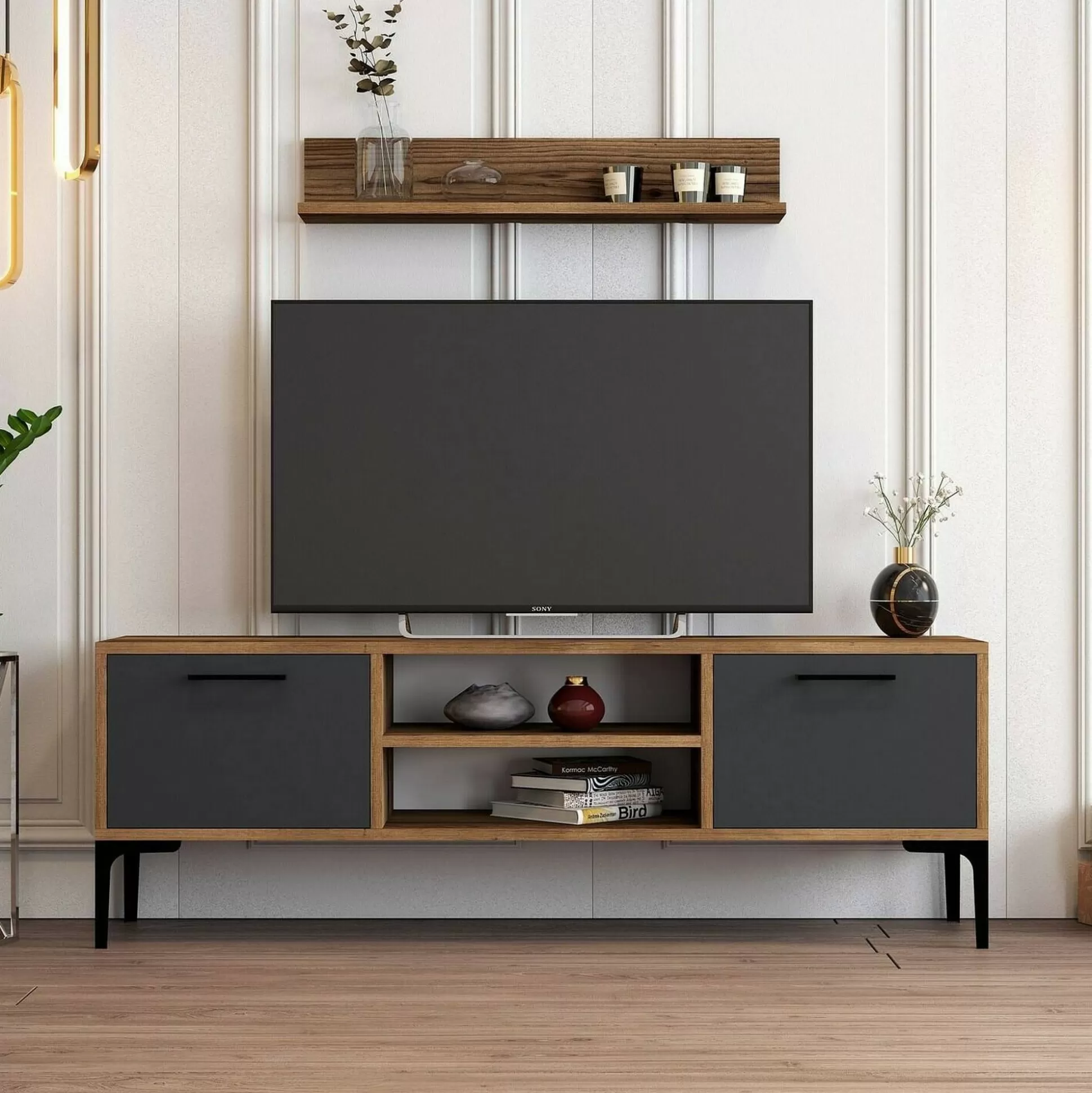 Dmora Mobili Porta Tv<Mobile porta TV sri, 140x30h48 cm, Noce e Antracite