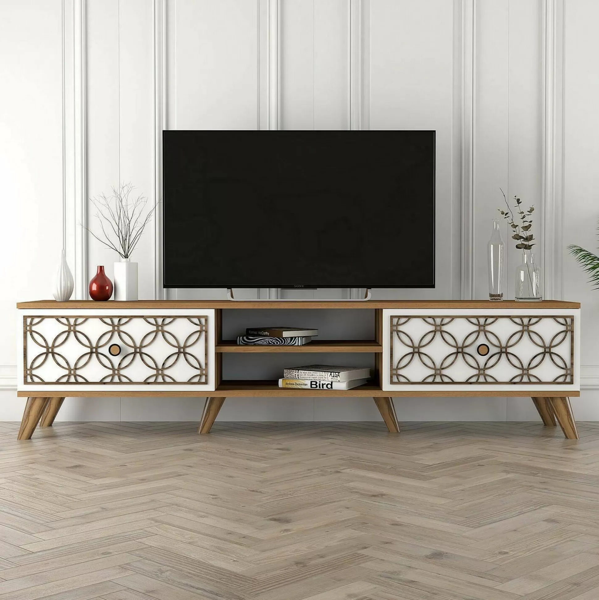 Dmora Mobili Porta Tv<Mobile porta TV Teia, 180x35h44 cm, Noce e Bianco