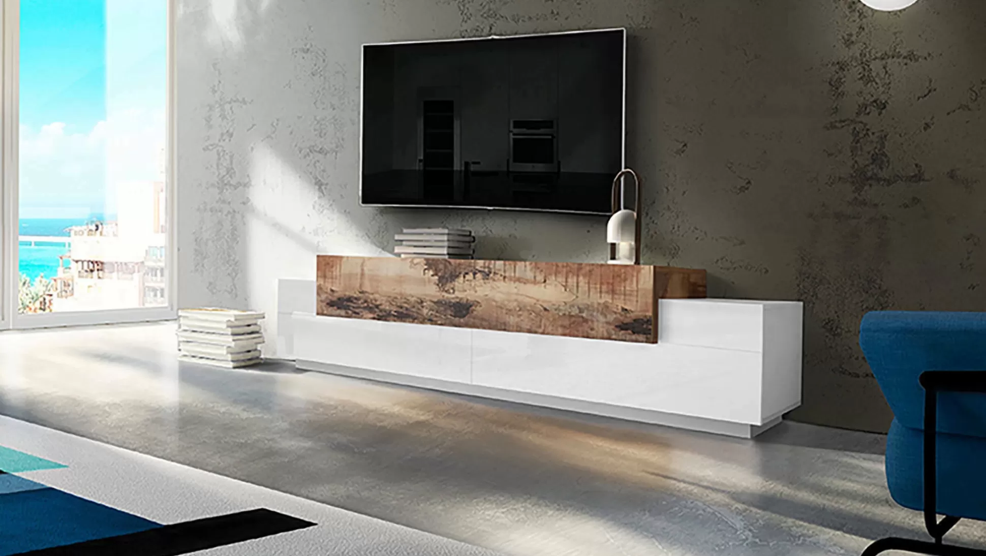 Dmora Mobili Porta Tv<Mobile porta TV Tiche, cm 240x45h52, Bianco lucido e Acero