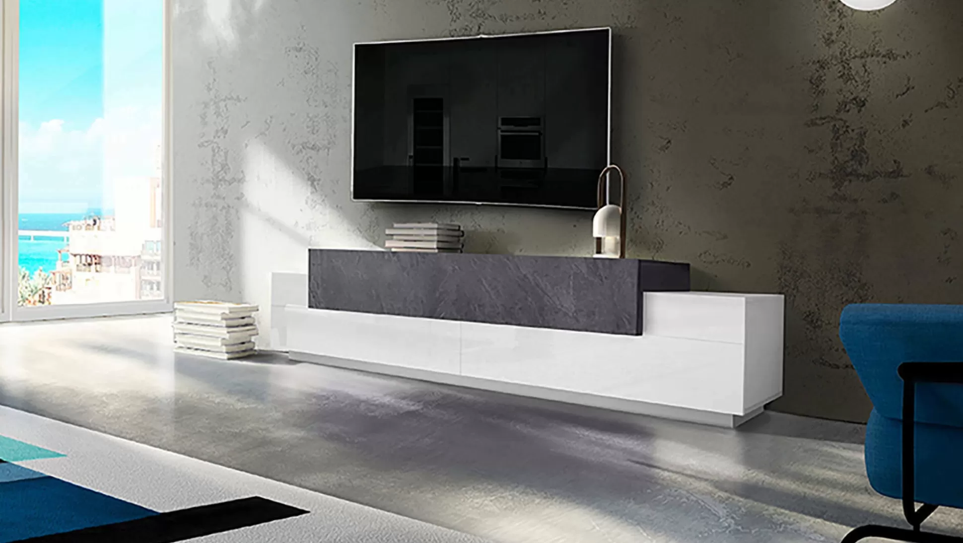 Dmora Mobili Porta Tv<Mobile porta TV Tiche, cm 240x45h52, Bianco lucido e Ardesia