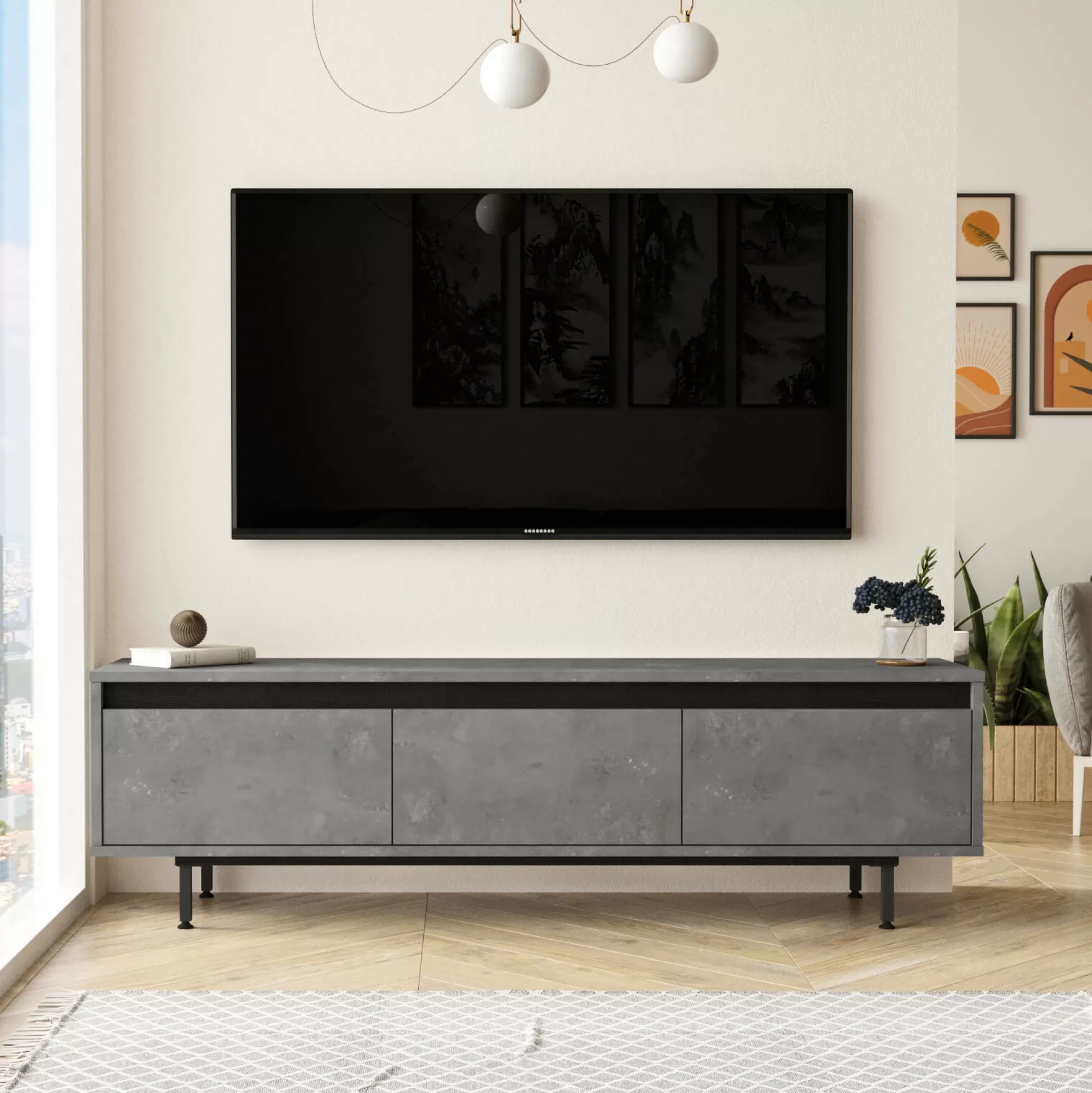 Dmora Mobili Porta Tv<Mobile porta TV Titli, 160x36 h45 cm, Argento e Nero