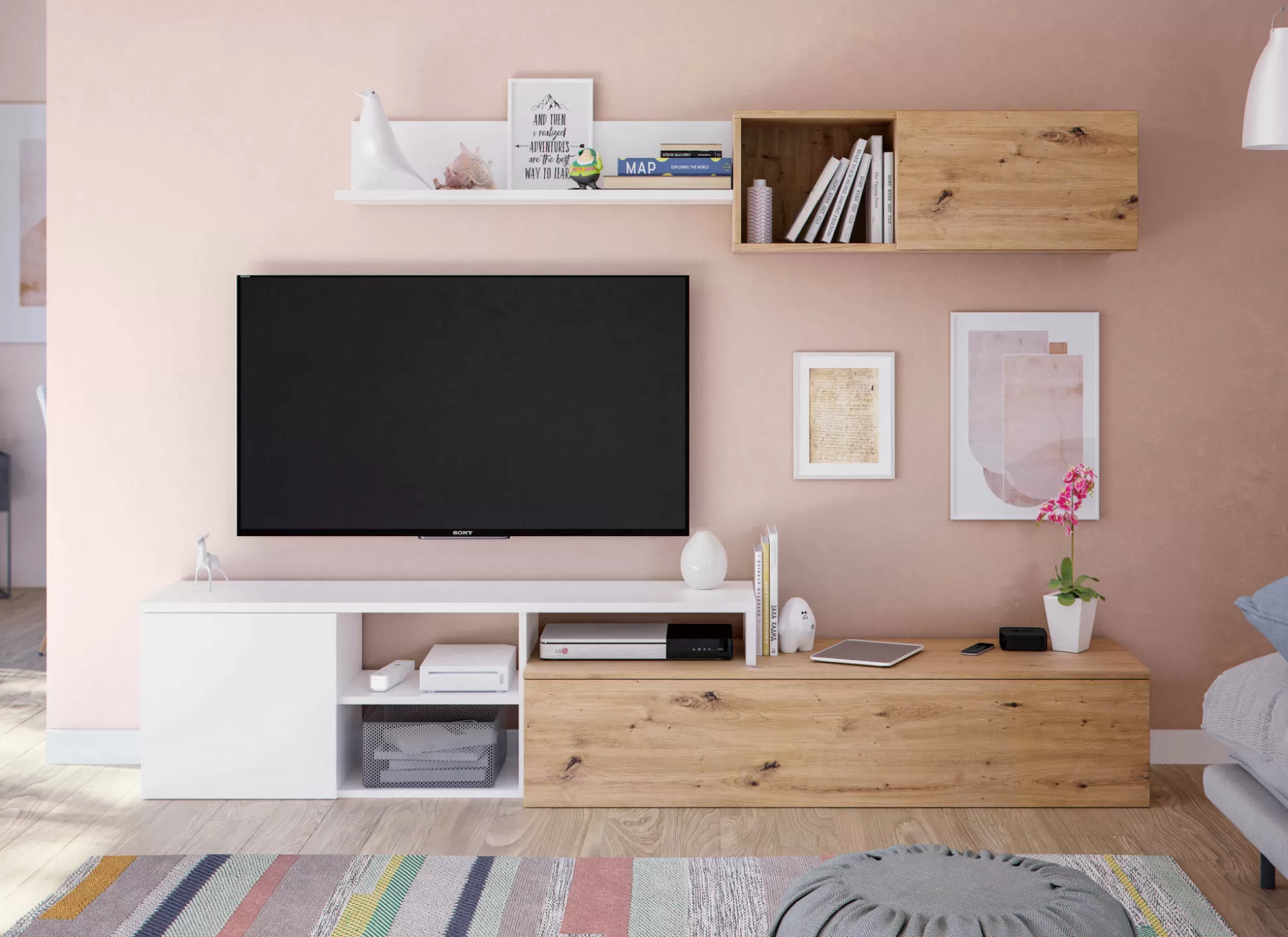Dmora Pareti Attrezzate<Parete attrezzata Aligator, 220x40h44 cm, Rovere effetto nodi e Bianco