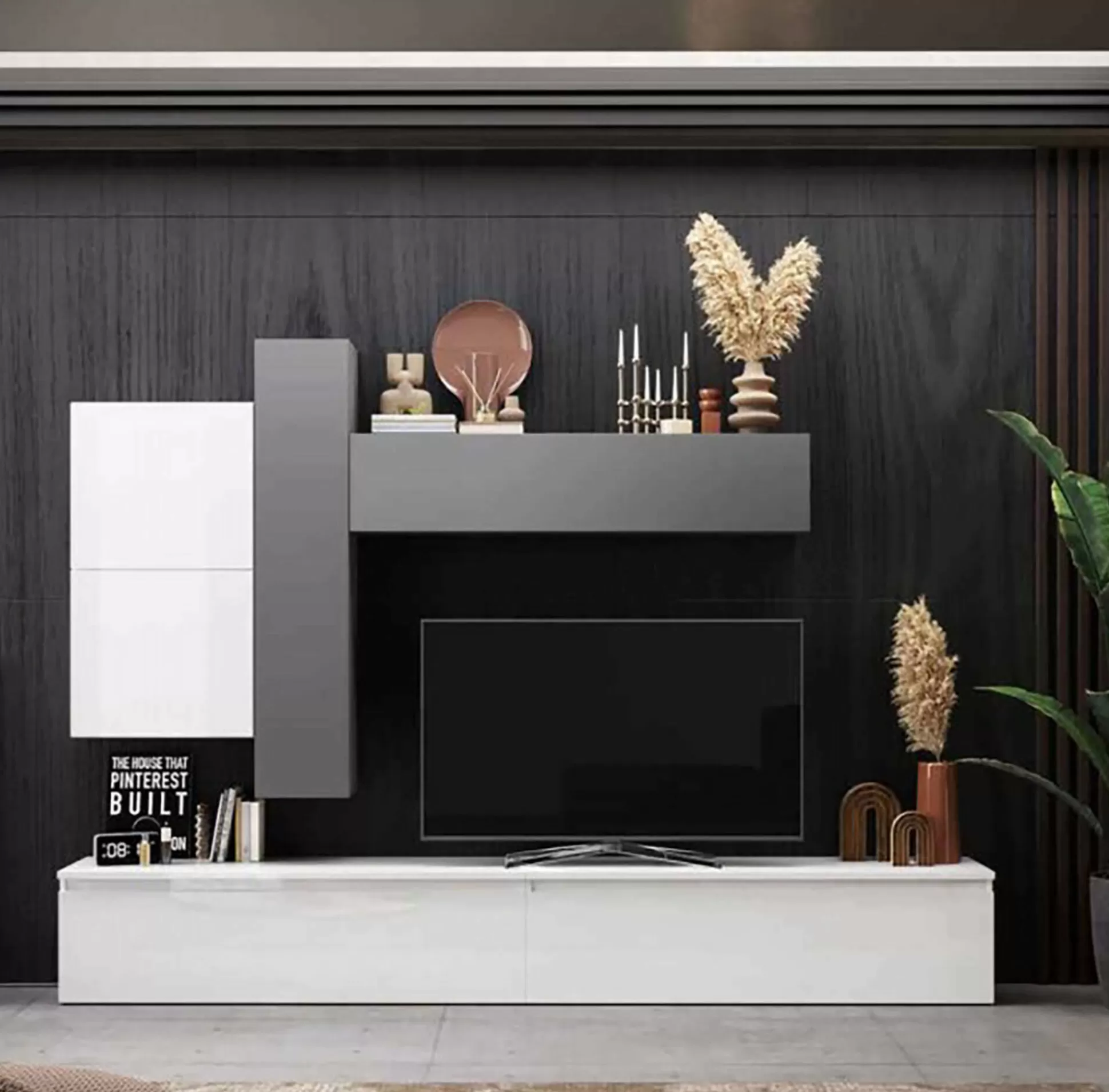 Dmora Pareti Attrezzate<Parete attrezzata Anemolo, 276x40 h190 cm, Bianco lucido e Ardesia