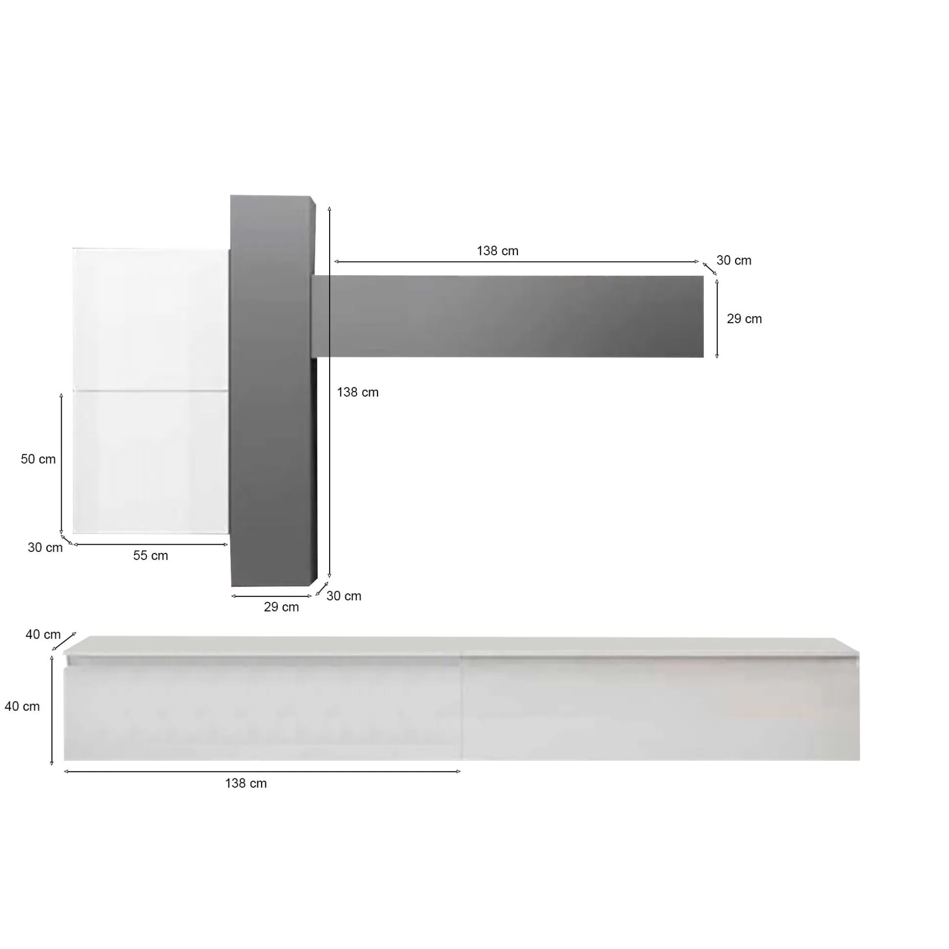 Dmora Pareti Attrezzate<Parete attrezzata Anemolo, 276x40 h190 cm, Bianco lucido e Ardesia