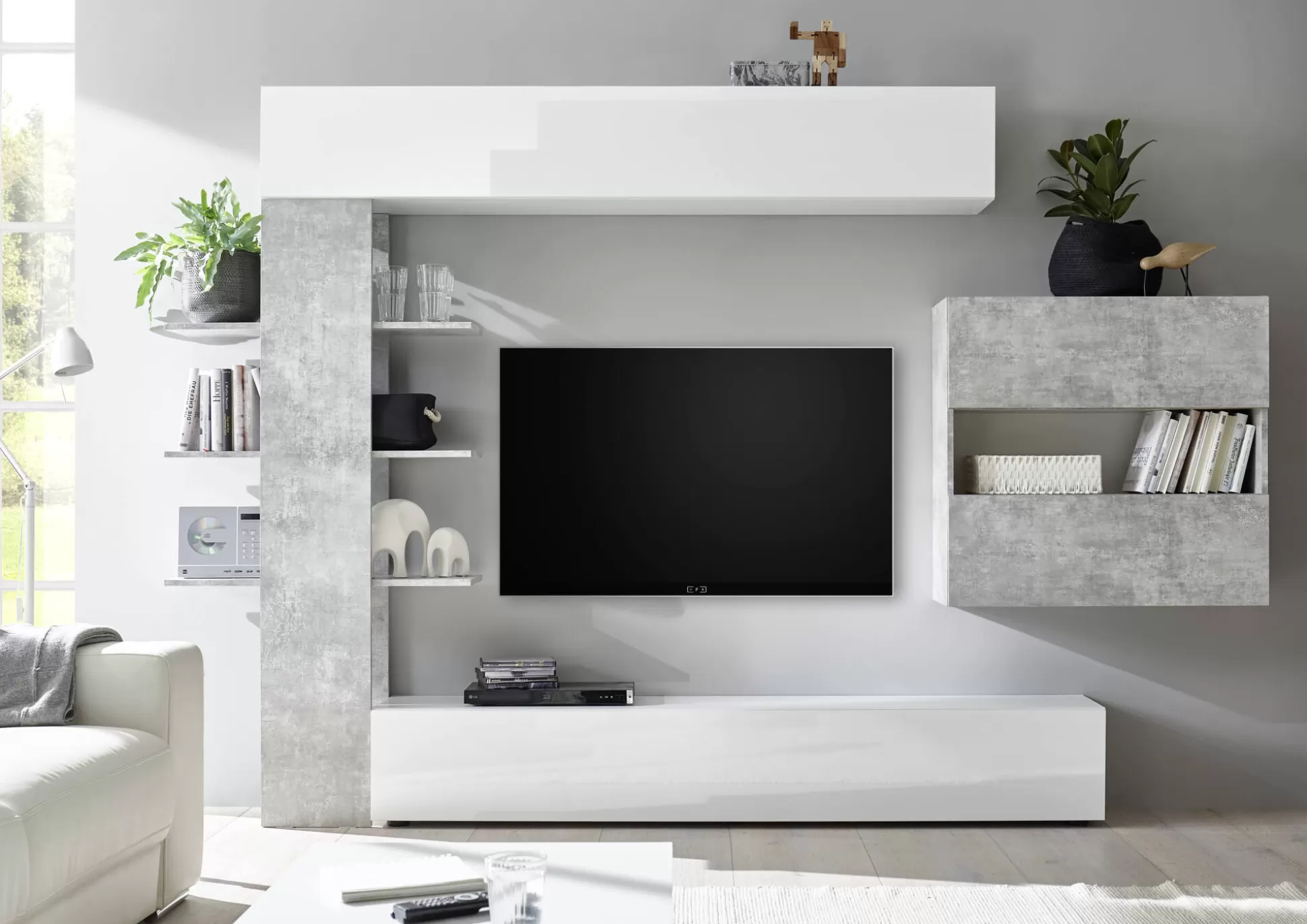 Dmora Pareti Attrezzate<Parete attrezzata Dbogdanovi, 295x30 h187 cm, Bianco lucido e Cemento