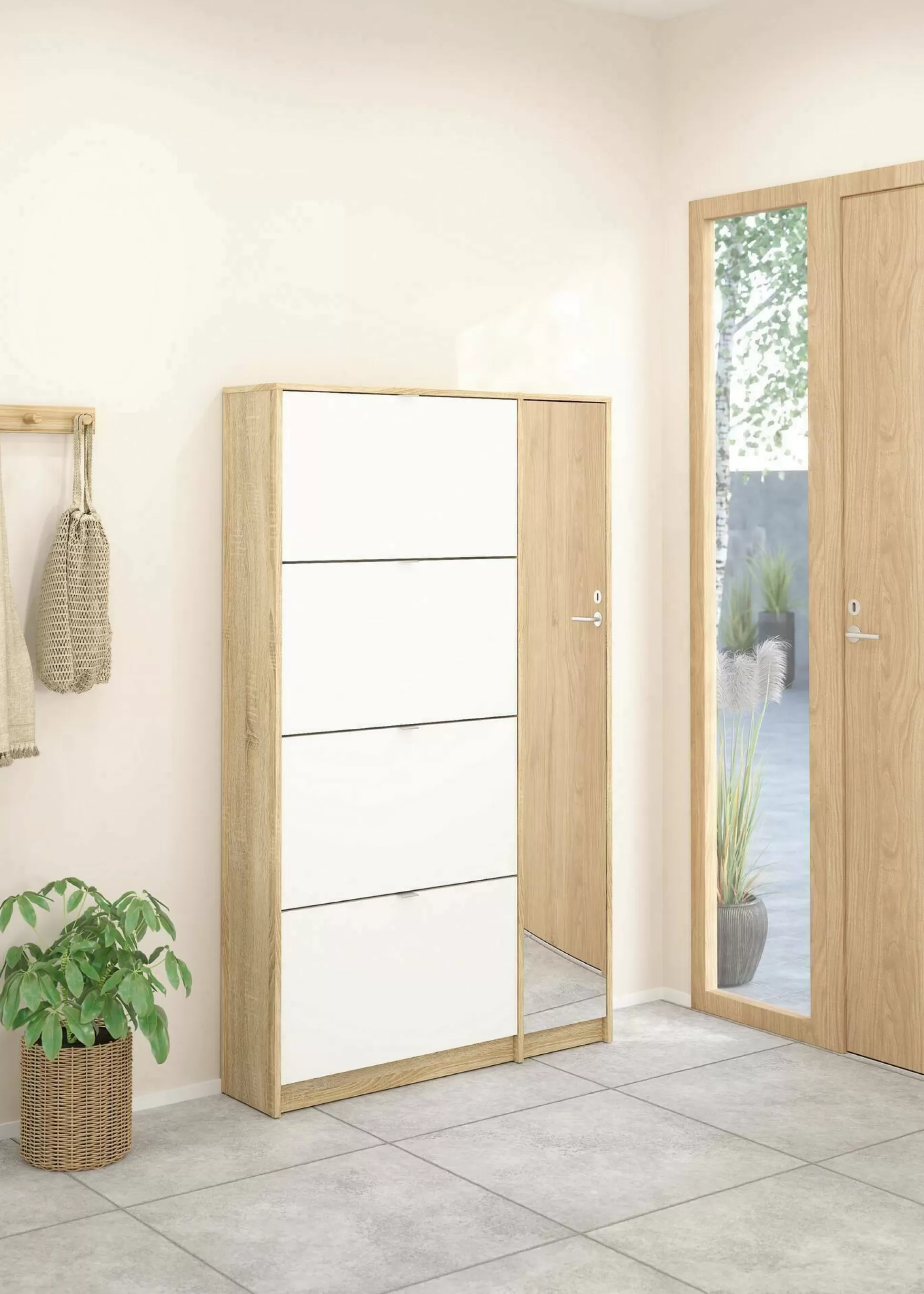 Dmora Scarpiere<Scarpiera Brie, Mobile portascarpe, Armadio da ingresso multiuso, Mobiletto per calzature, 99x24 h162 cm, Quercia e Bianco