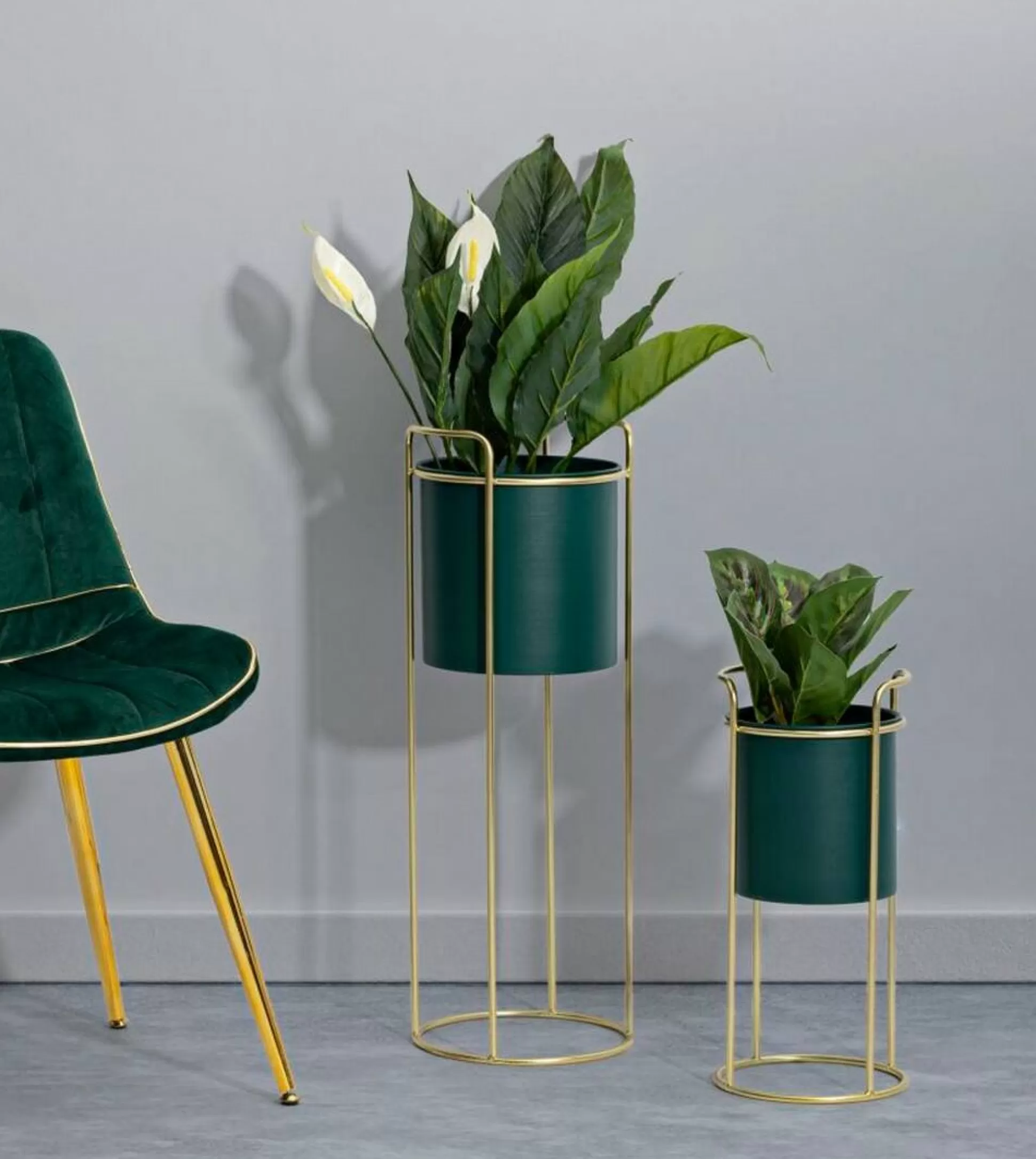 Dmora Oggettistica<Set di 2 portavasi Rangone, 24x24 h70 cm, Verde e Oro