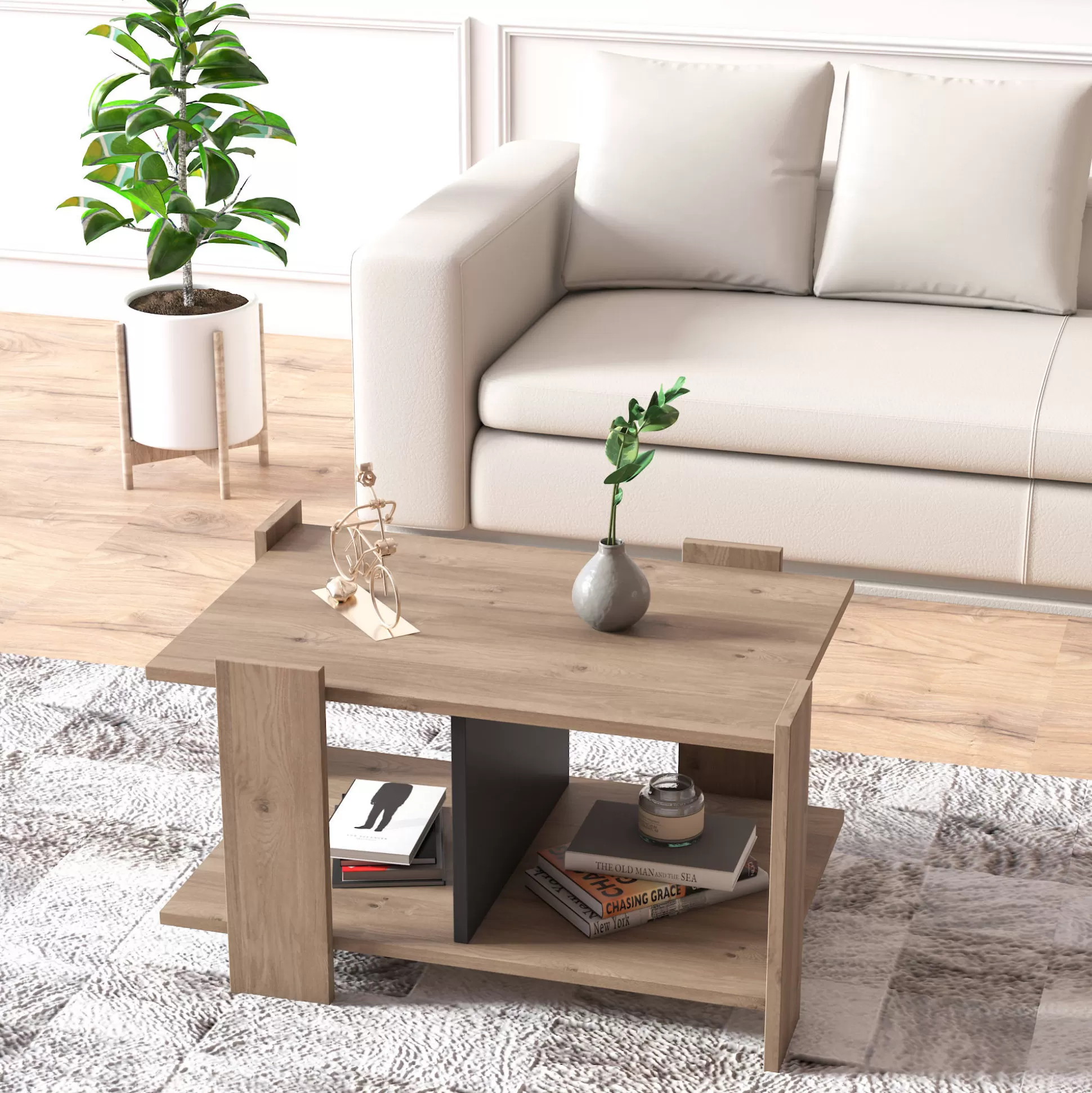 Dmora Tavolini Da Salotto<Tavolino da caffè moderno, cm 79 x 44 x 54, colore con dettaglio antracite