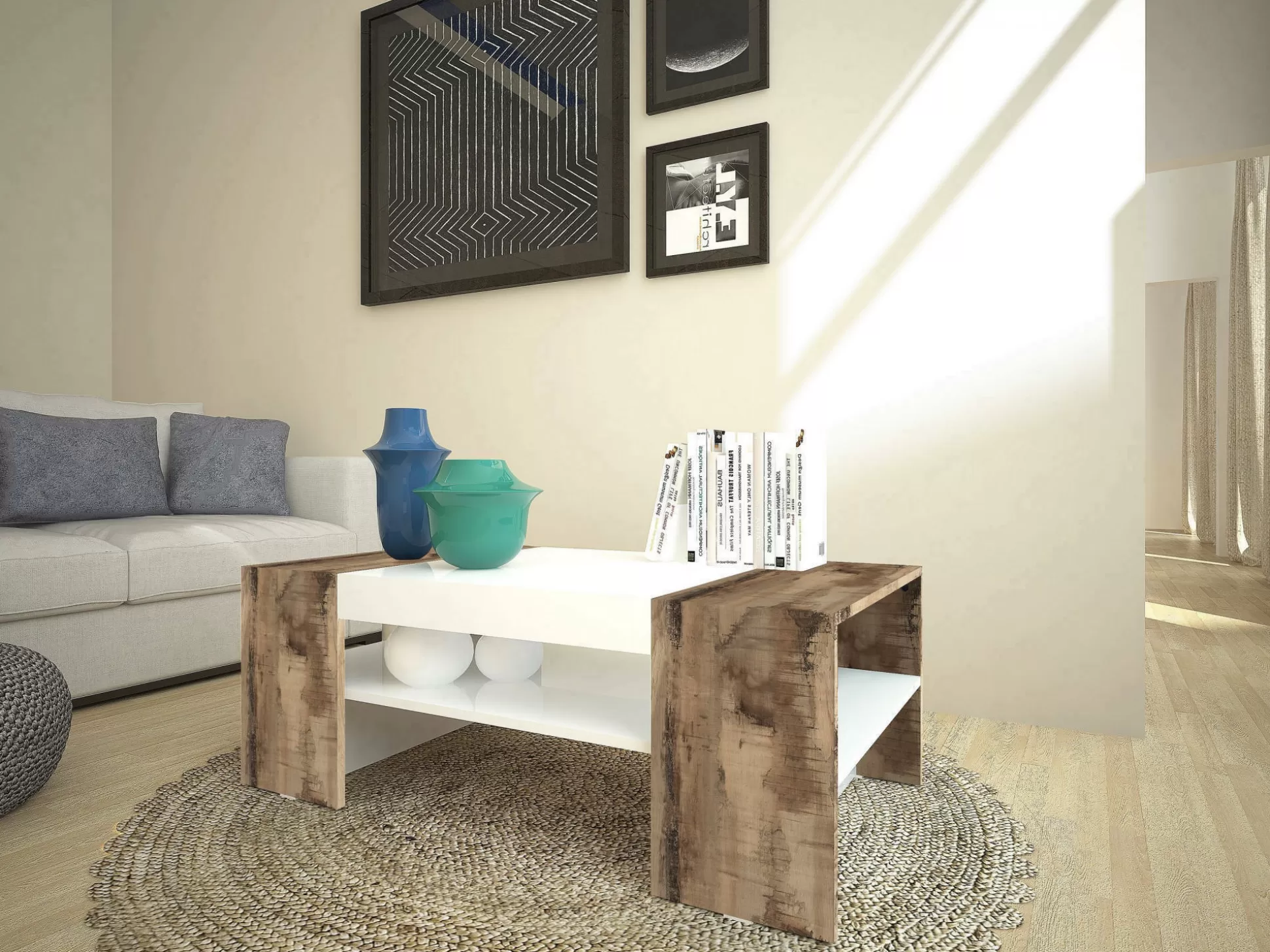 Dmora Tavolini Da Salotto<Tavolino da salotto Ashar, cm 110x60h40, Bianco lucido e Acero