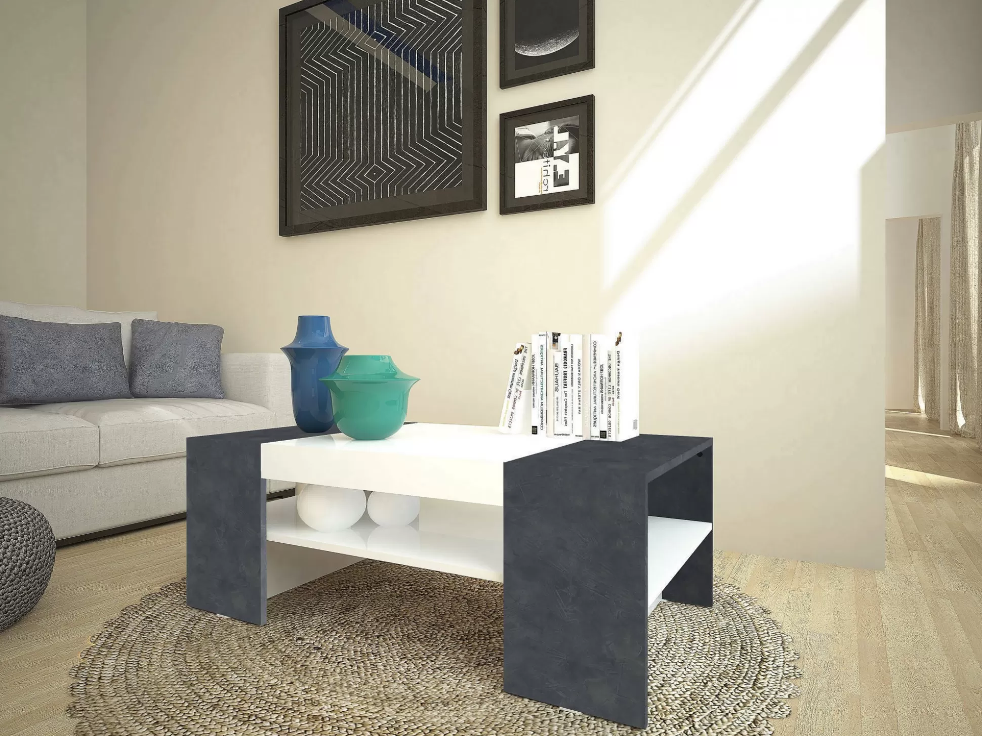 Dmora Tavolini Da Salotto<Tavolino da salotto Dfort, cm 110x60h40, Bianco lucido e Ardesia