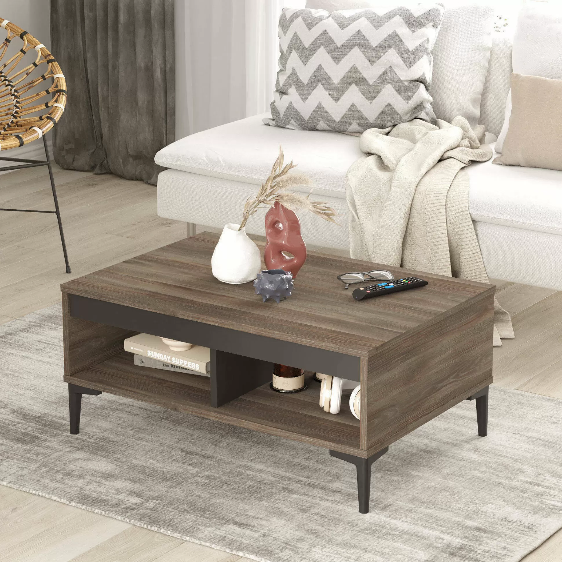 Dmora Tavolini Da Salotto<Tavolino da salotto Dmkhitarya, 90x60 h41 cm, Marrone e Antracite