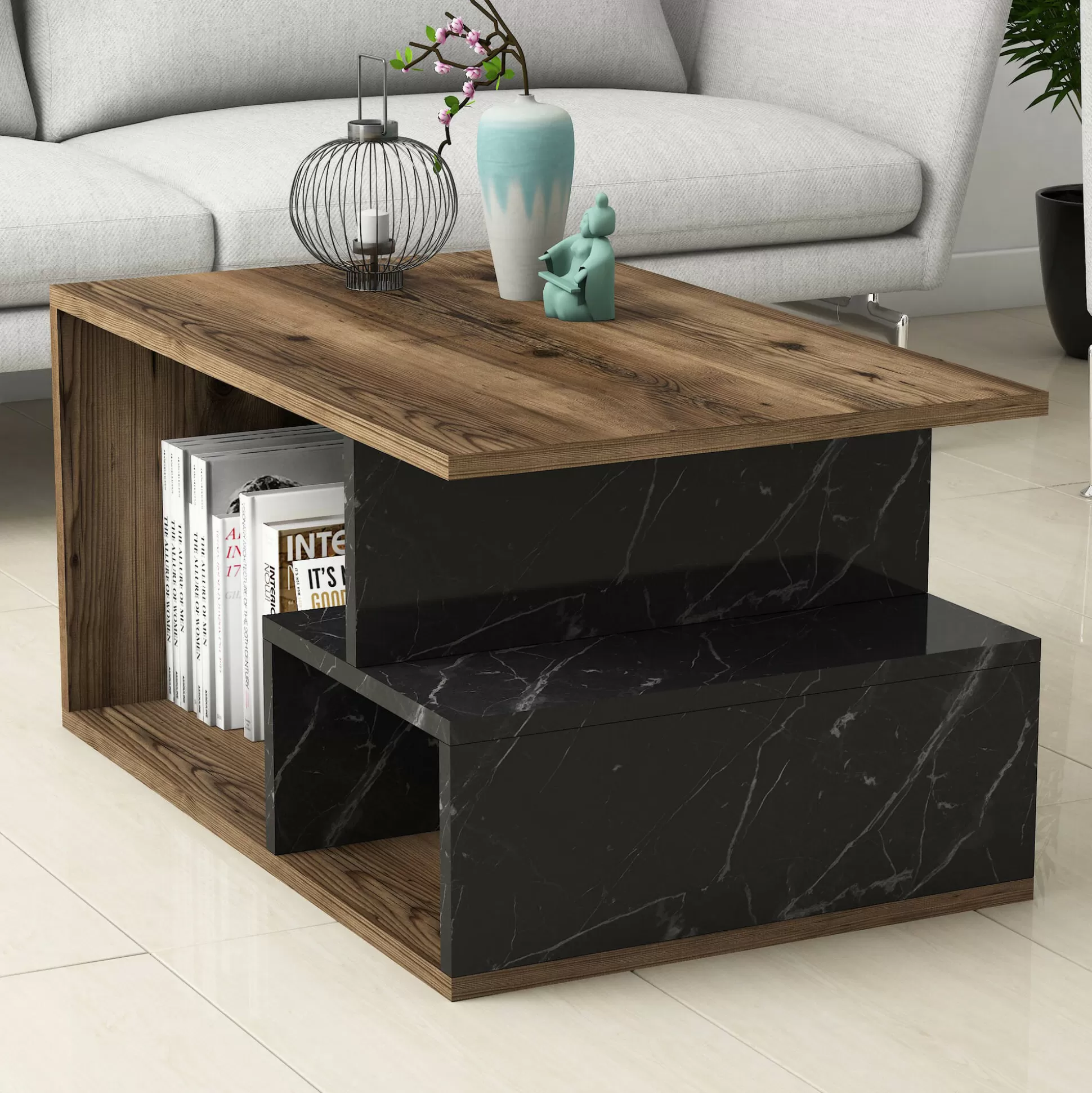 Dmora Tavolini Da Salotto<Tavolino da salotto Dmontefusc, 90x42 h54 cm, Marrone e Grigio