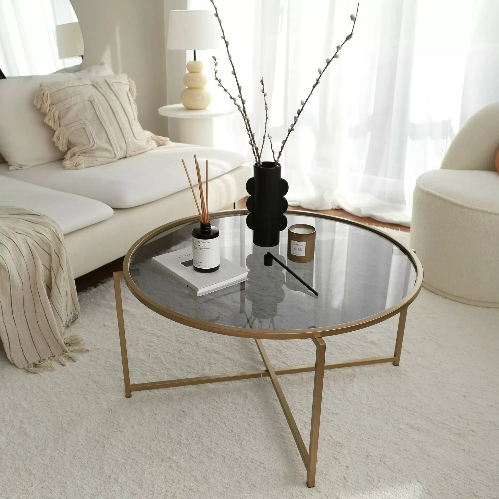 Dmora Tavolini Da Salotto<Tavolino da salotto Ecaterina, 83x83h40 cm, Oro e Tortora