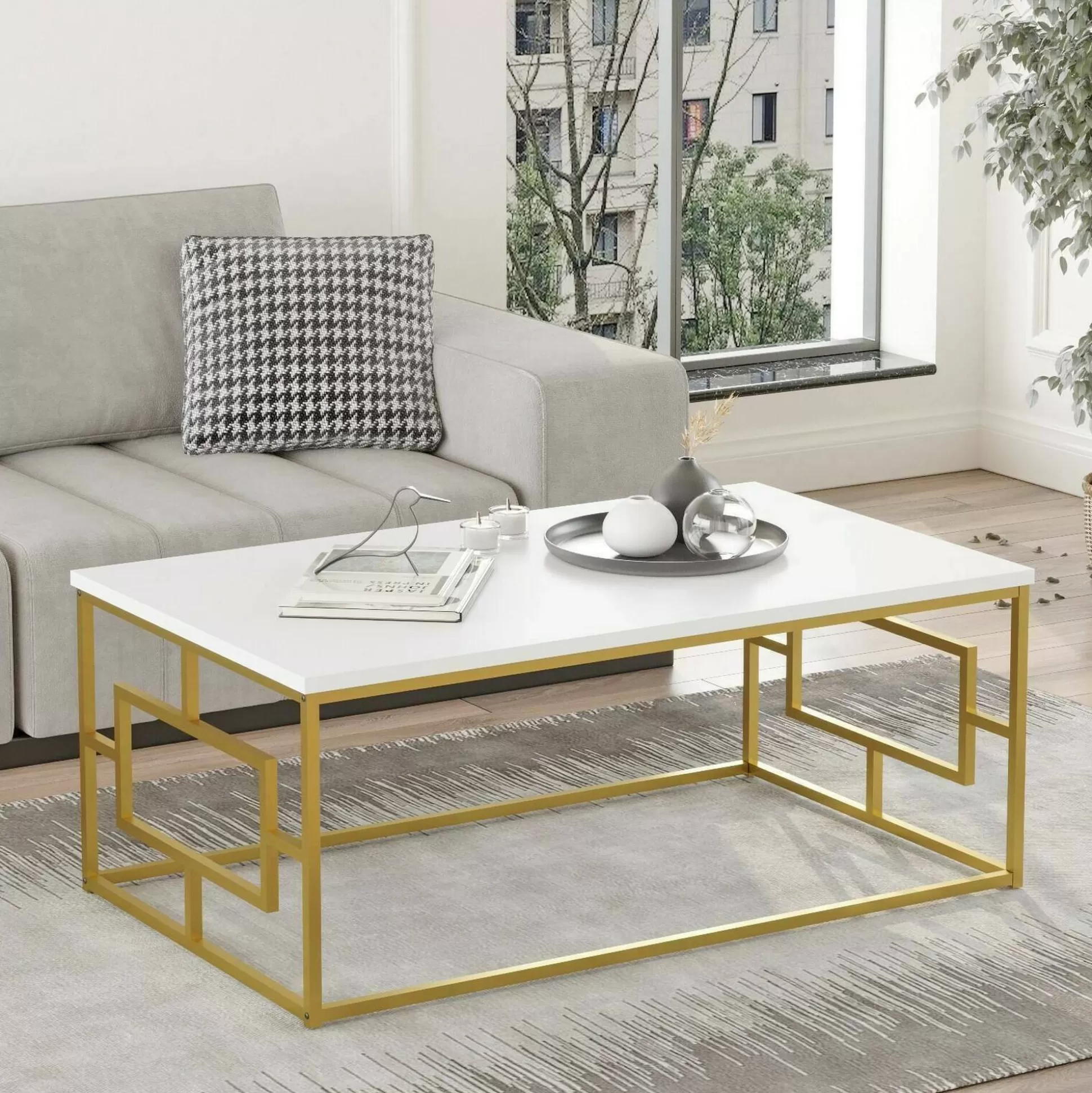 Dmora Tavolini Da Salotto<Tavolino da salotto Franca, 100x60h40 cm, Bianco e Oro