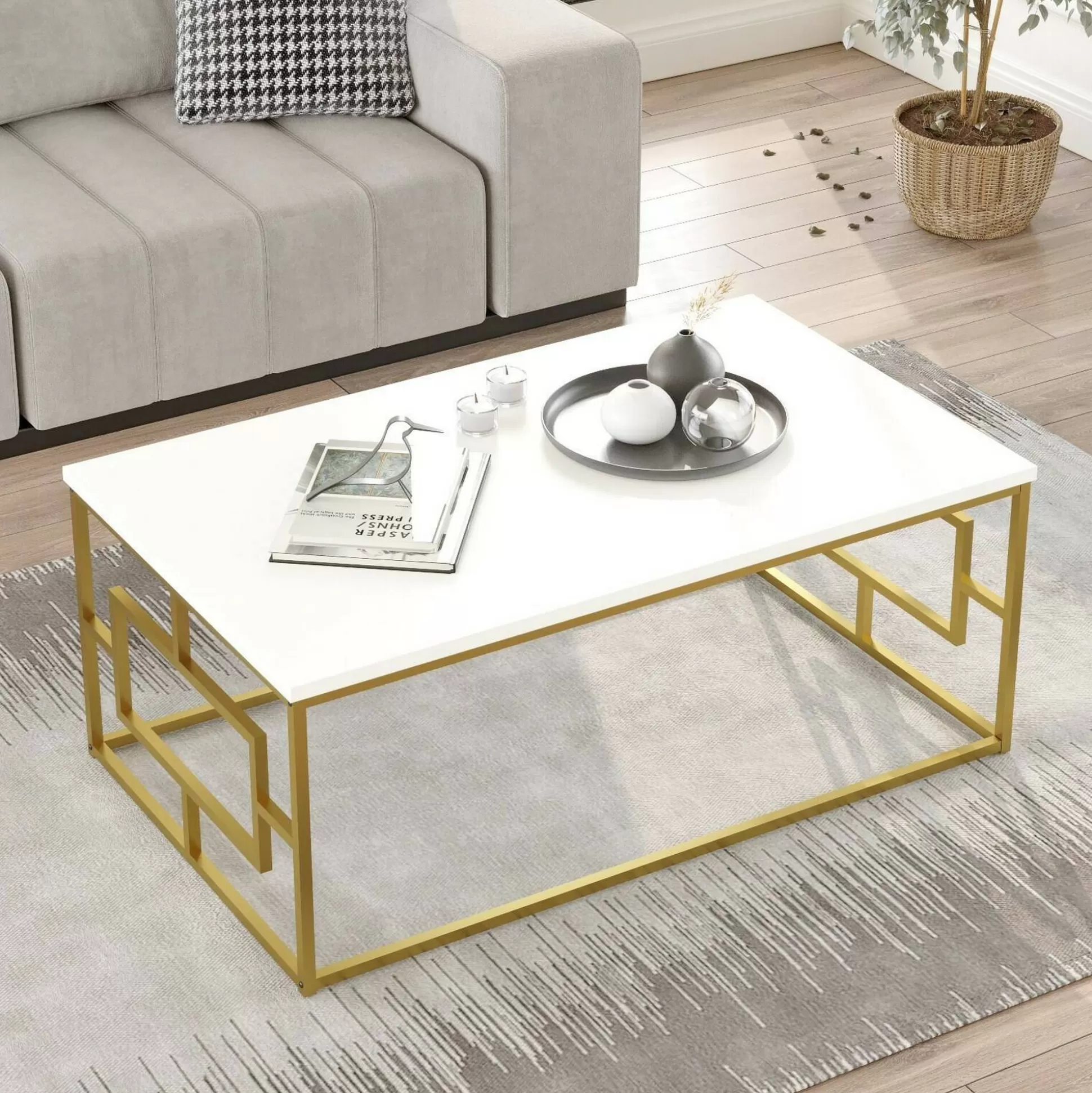 Dmora Tavolini Da Salotto<Tavolino da salotto Franca, 100x60h40 cm, Bianco e Oro
