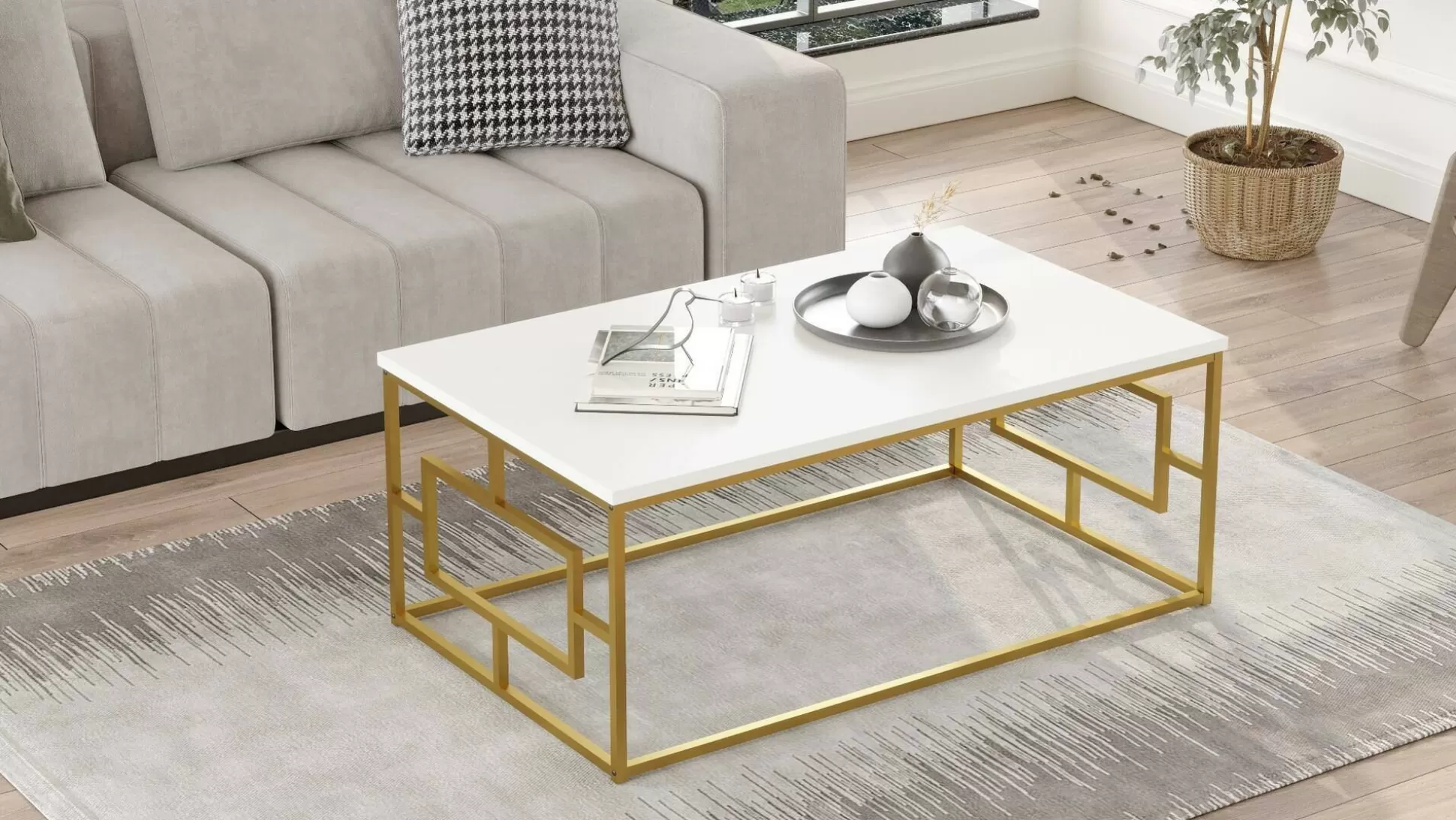 Dmora Tavolini Da Salotto<Tavolino da salotto Franca, 100x60h40 cm, Bianco e Oro