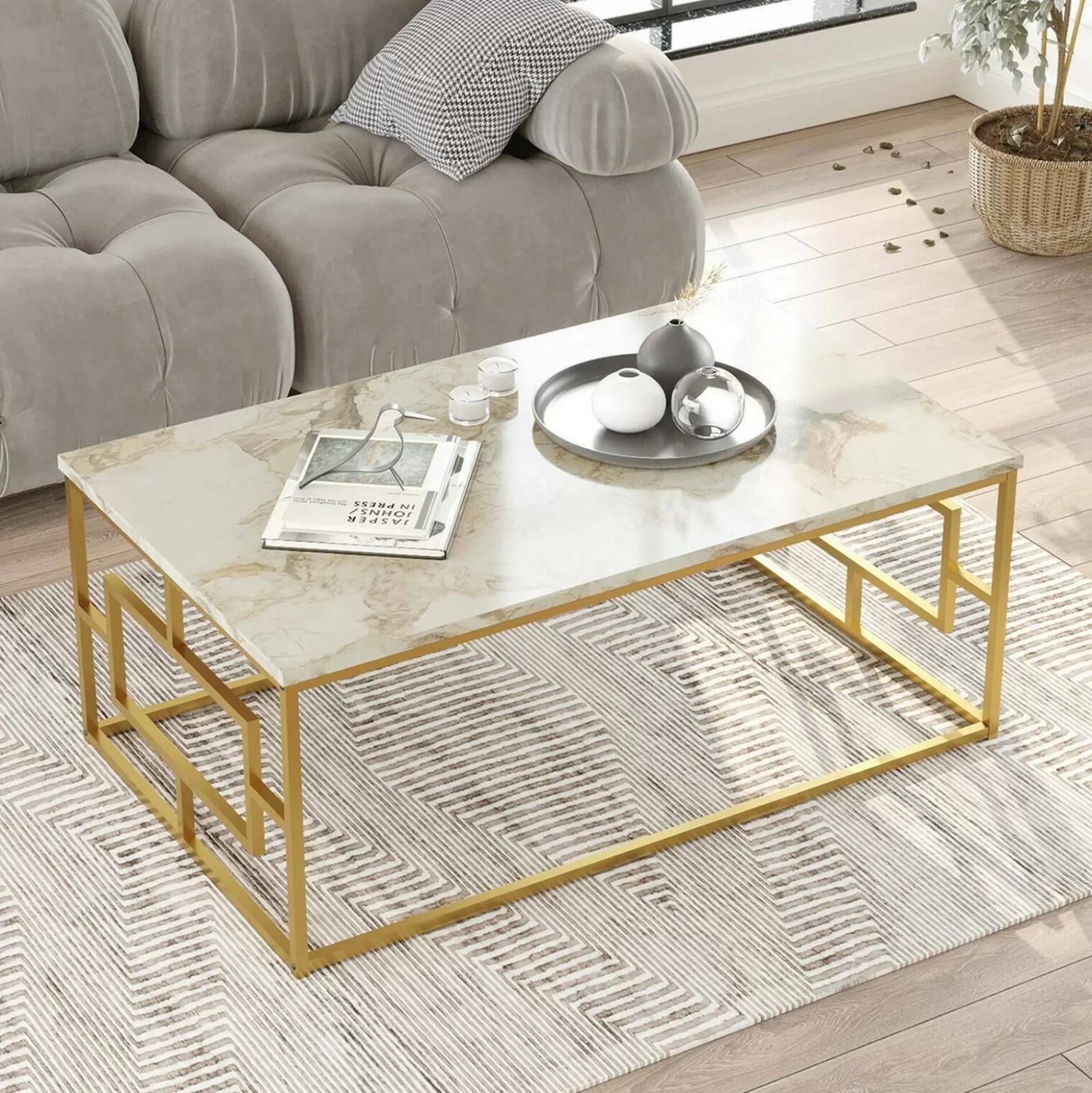 Dmora Tavolini Da Salotto<Tavolino da salotto Franca, 100x60h40 cm, Bianco Marmo e Oro