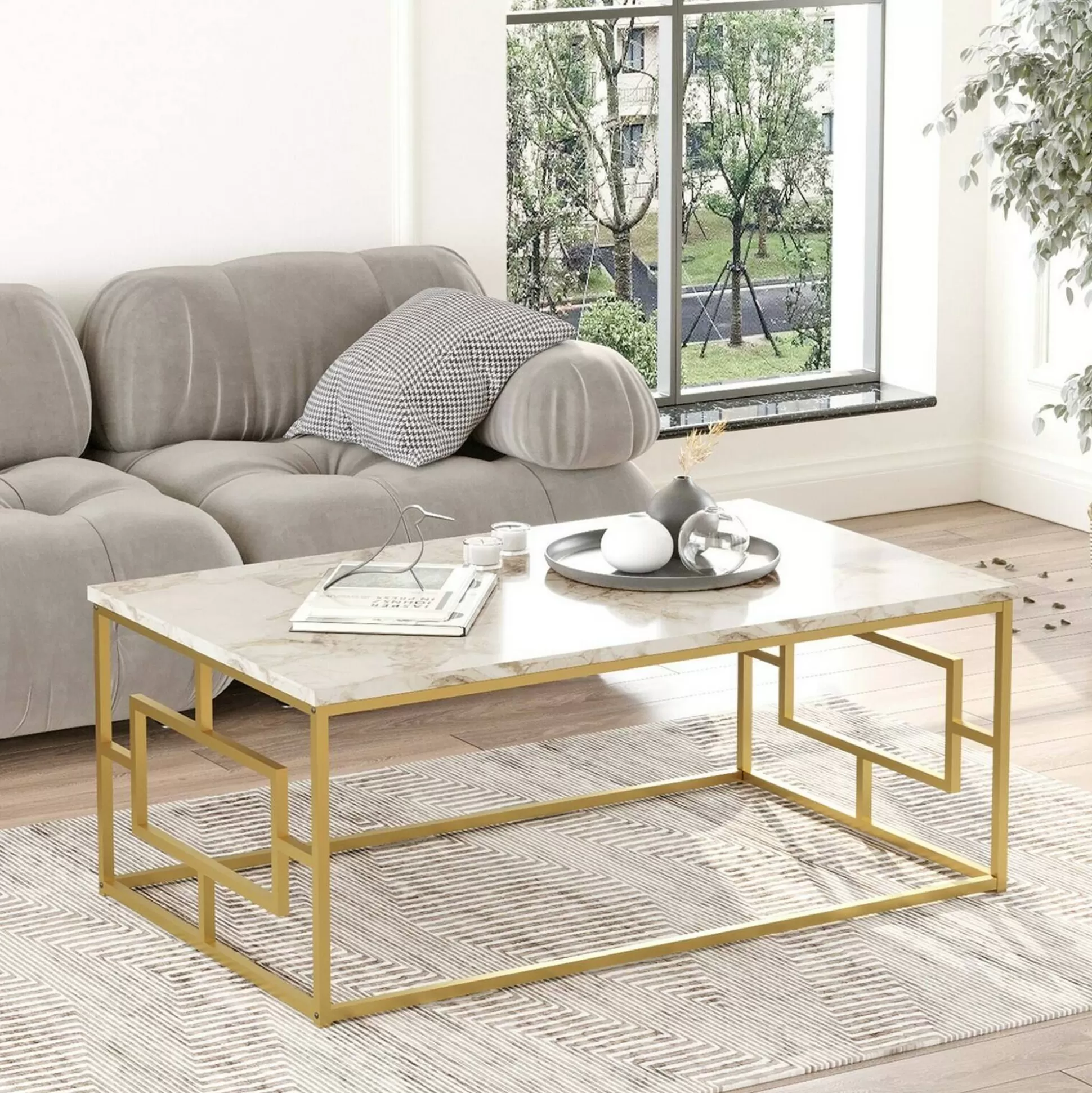 Dmora Tavolini Da Salotto<Tavolino da salotto Franca, 100x60h40 cm, Bianco Marmo e Oro