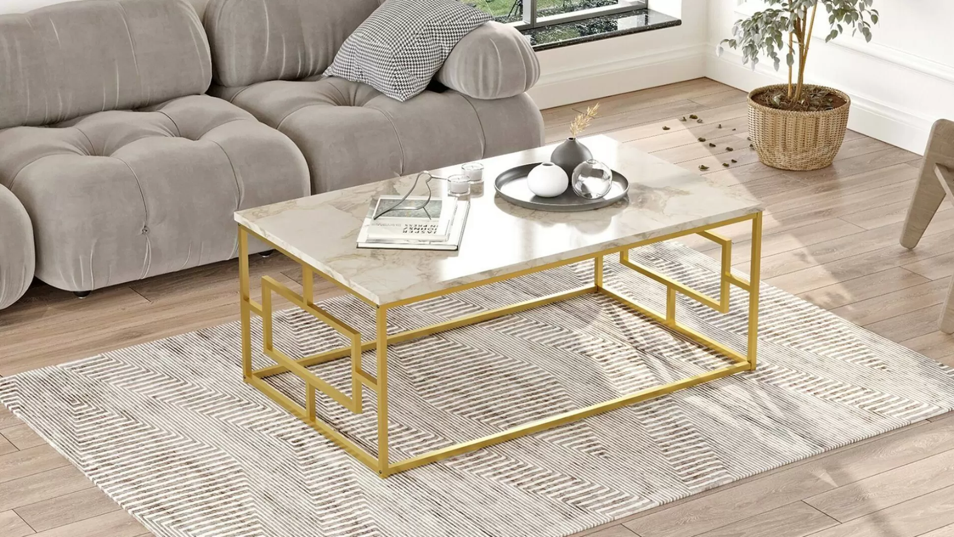 Dmora Tavolini Da Salotto<Tavolino da salotto Franca, 100x60h40 cm, Bianco Marmo e Oro