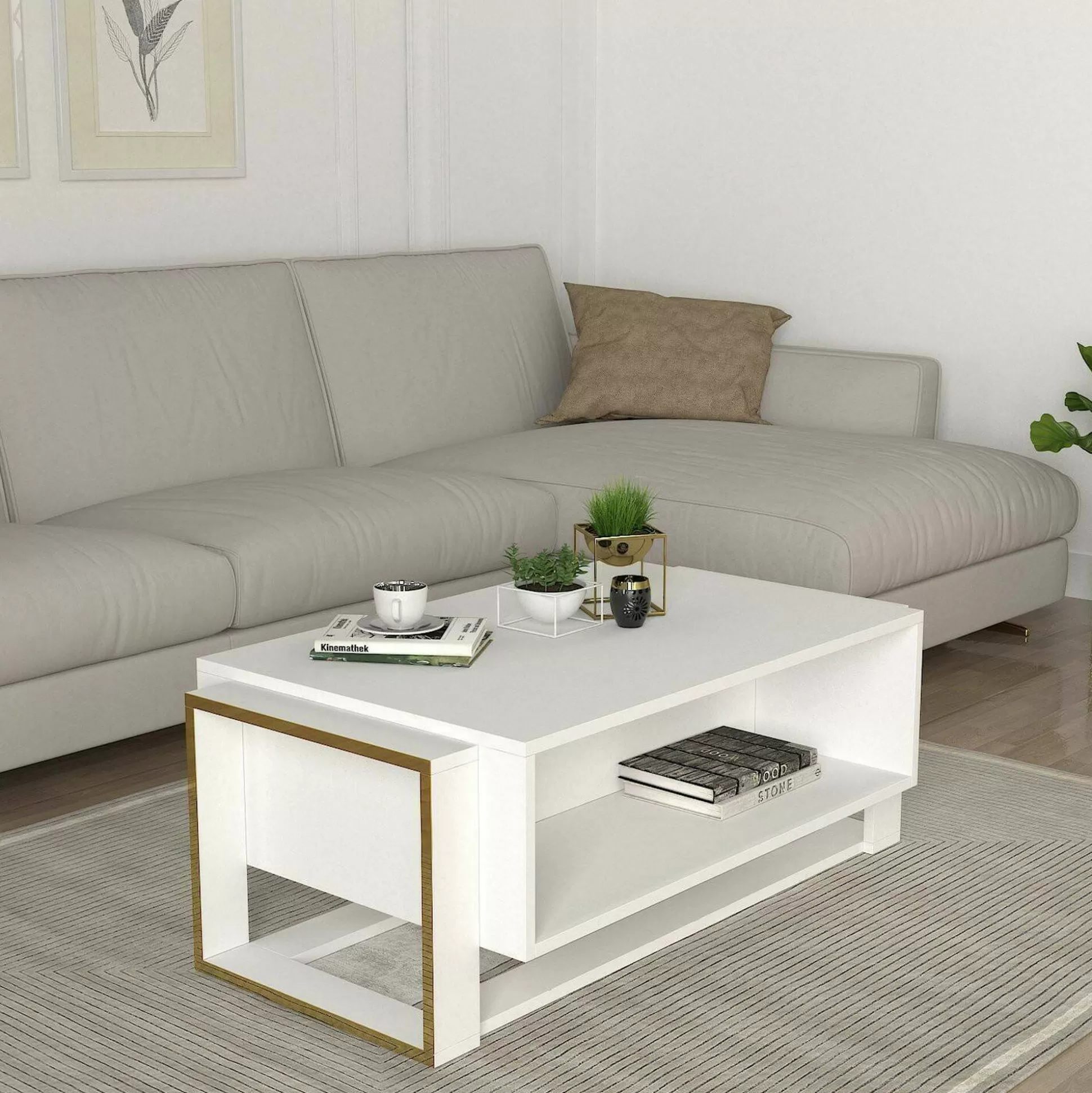 Dmora Tavolini Da Salotto<Tavolino da salotto Gigliola, 106x60h40 cm, Bianco e Oro
