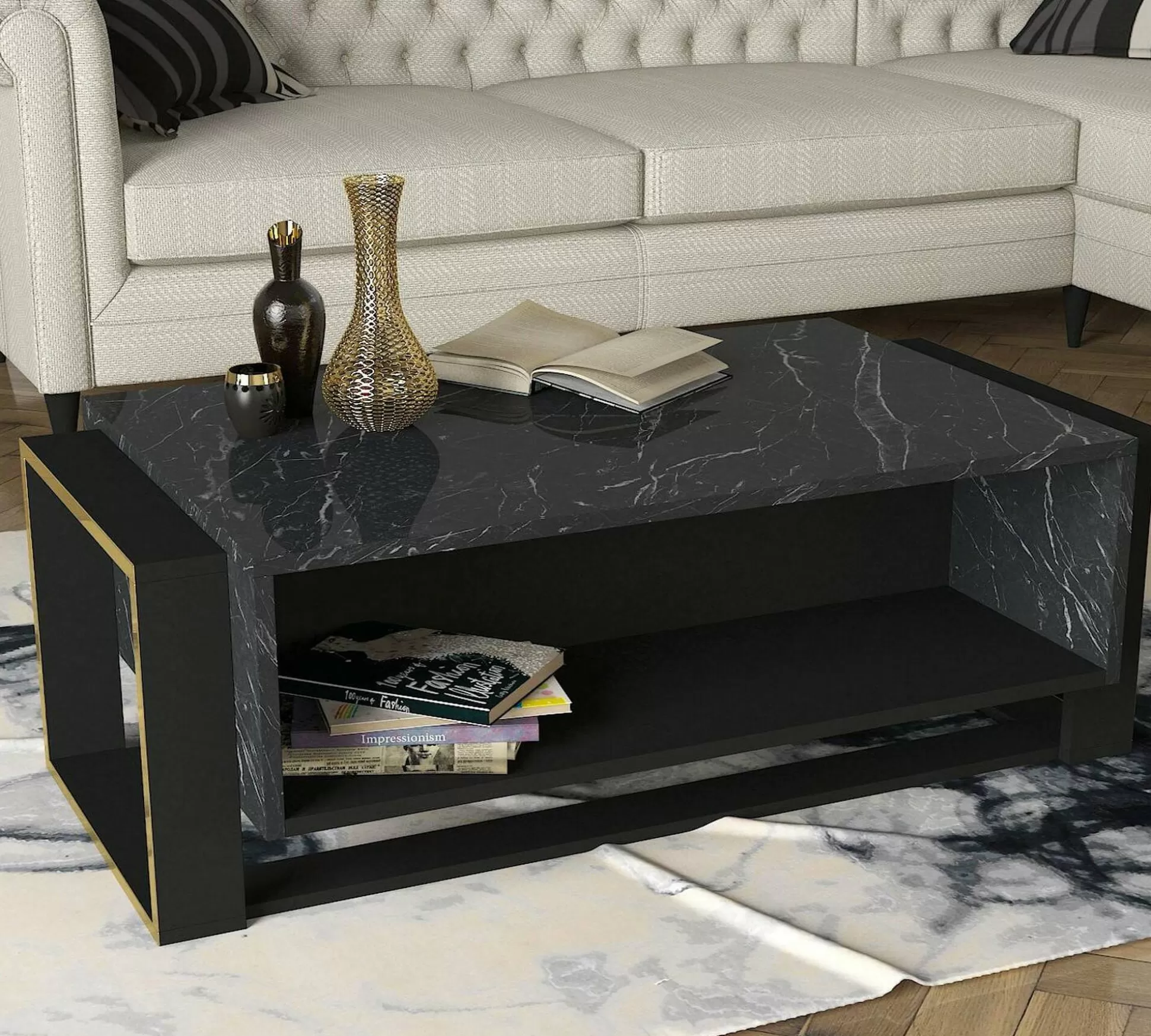 Dmora Tavolini Da Salotto<Tavolino da salotto Gigliola, 106x60h40 cm, Nero e Oro
