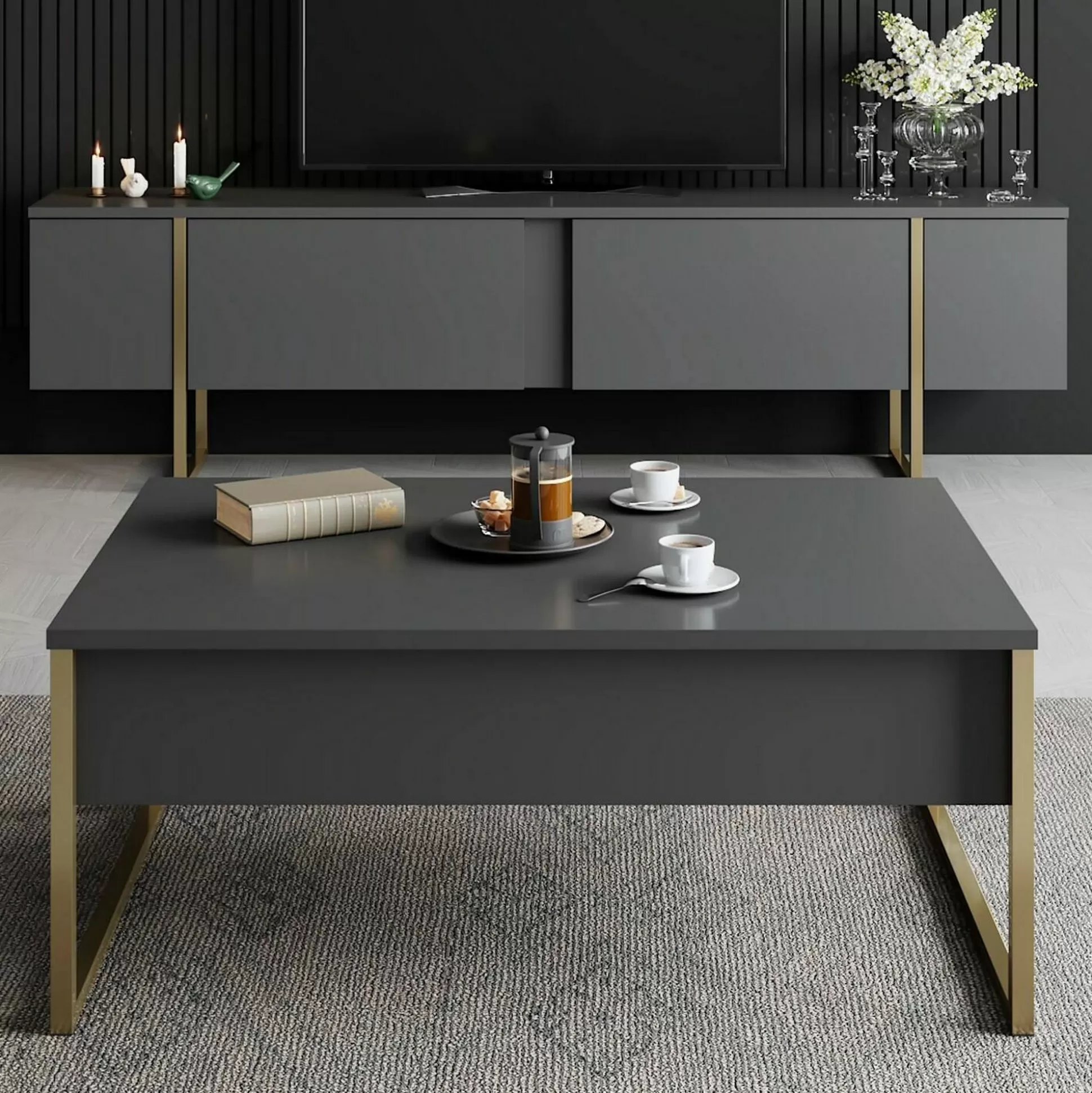 Dmora Tavolini Da Salotto<Tavolino da salotto Lavinia, 90x60h40 cm, Antracite e Oro