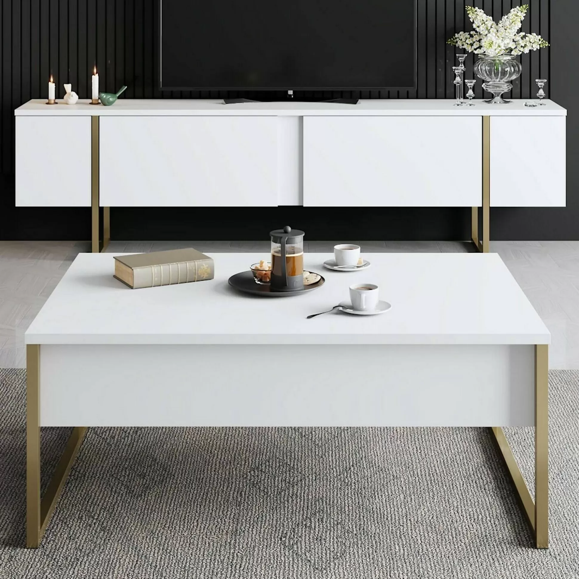 Dmora Tavolini Da Salotto<Tavolino da salotto Lavinia, 90x60h40 cm, Bianco e Oro