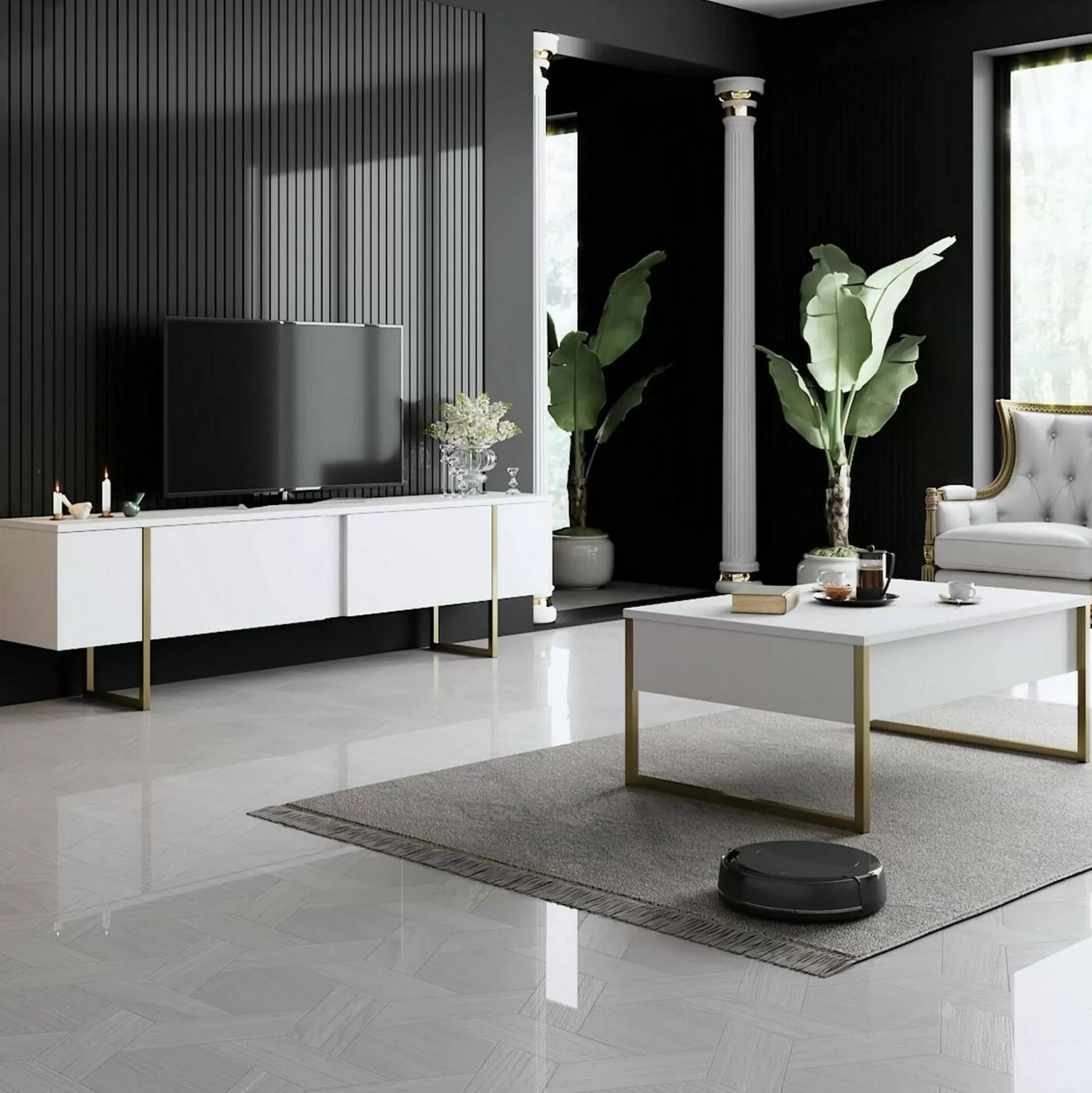 Dmora Tavolini Da Salotto<Tavolino da salotto Lavinia, 90x60h40 cm, Bianco e Oro