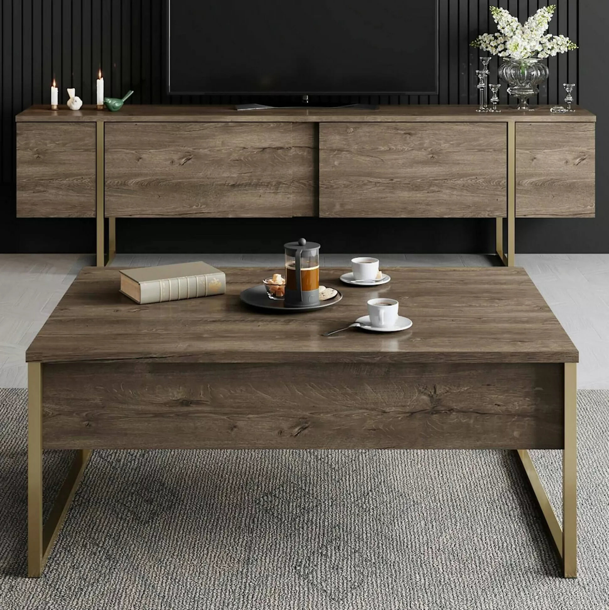 Dmora Tavolini Da Salotto<Tavolino da salotto Lavinia, 90x60h40 cm, Noce e Oro