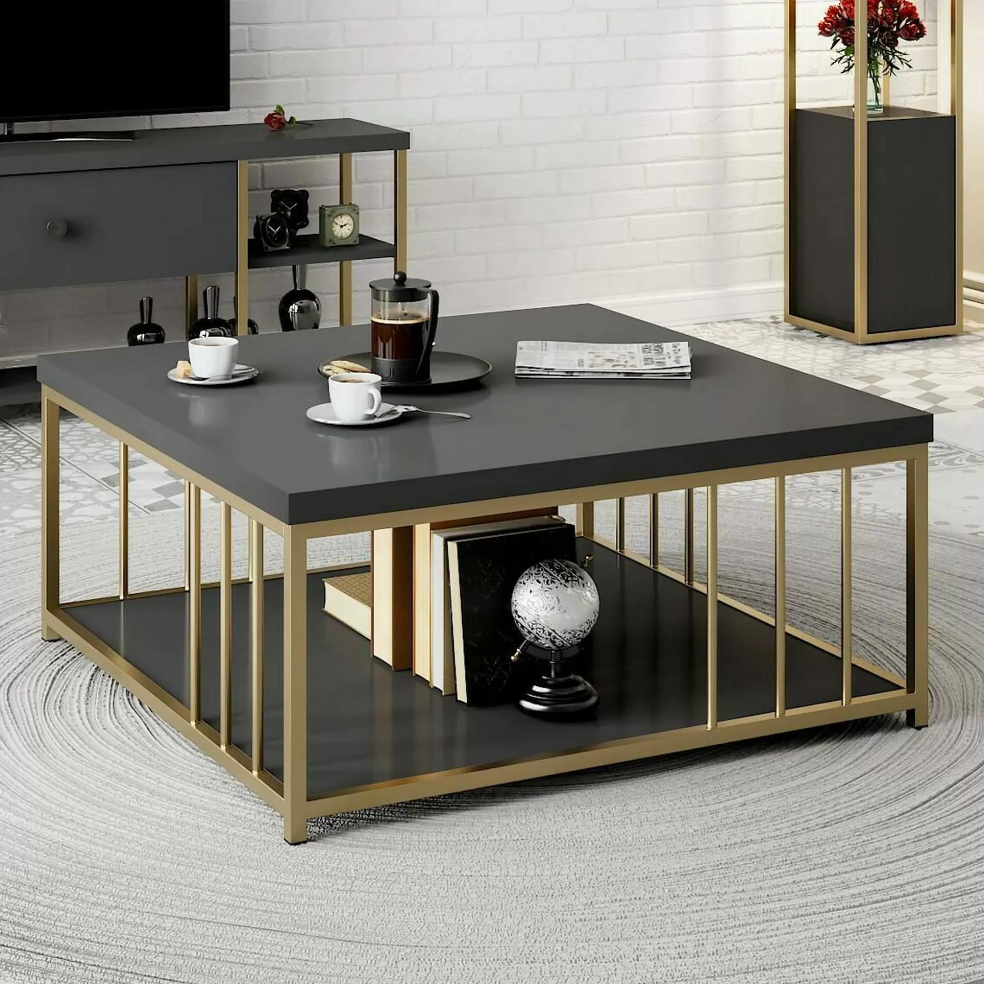 Dmora Tavolini Da Salotto<Tavolino da salotto Raiden, 90x90h40 cm, Antracite e Oro