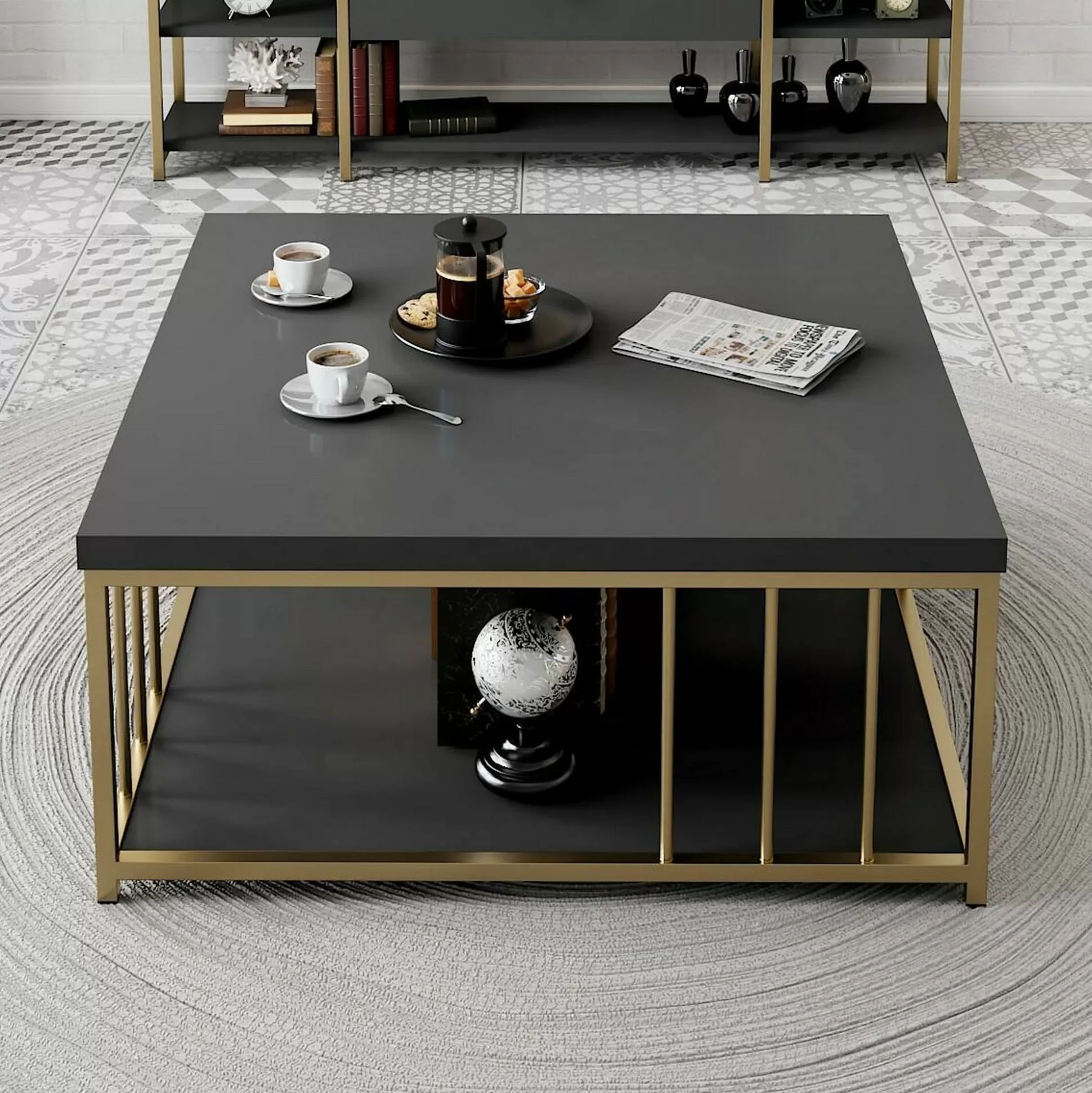 Dmora Tavolini Da Salotto<Tavolino da salotto Raiden, 90x90h40 cm, Antracite e Oro