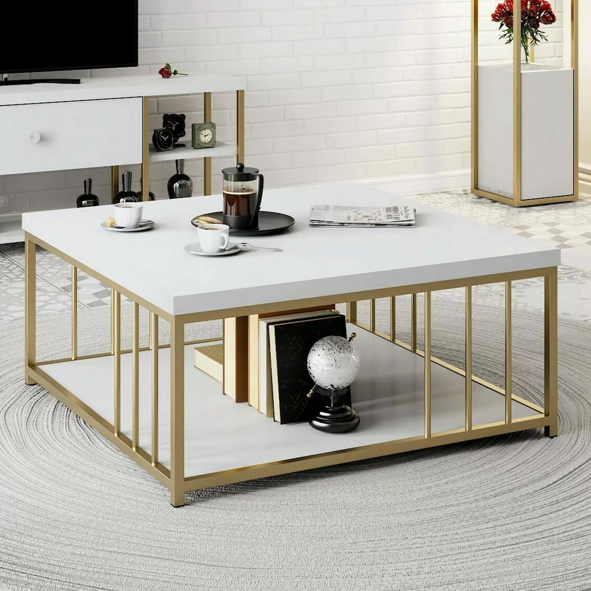 Dmora Tavolini Da Salotto<Tavolino da salotto Raiden, 90x39h40 cm, Bianco e Oro