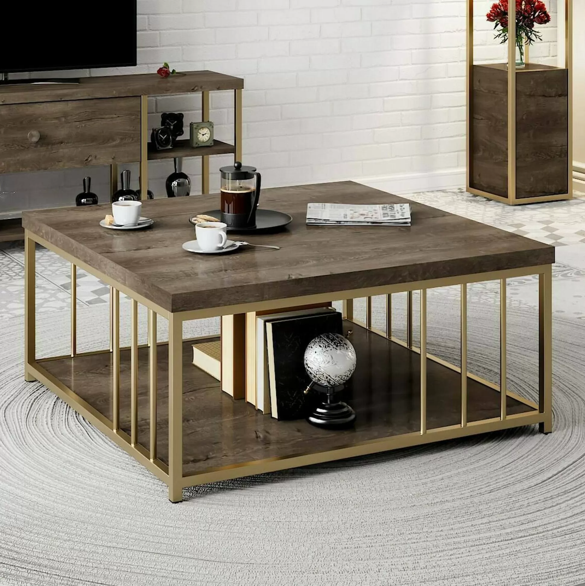 Dmora Tavolini Da Salotto<Tavolino da salotto Raiden, 90x90h40 cm, Noce e Oro