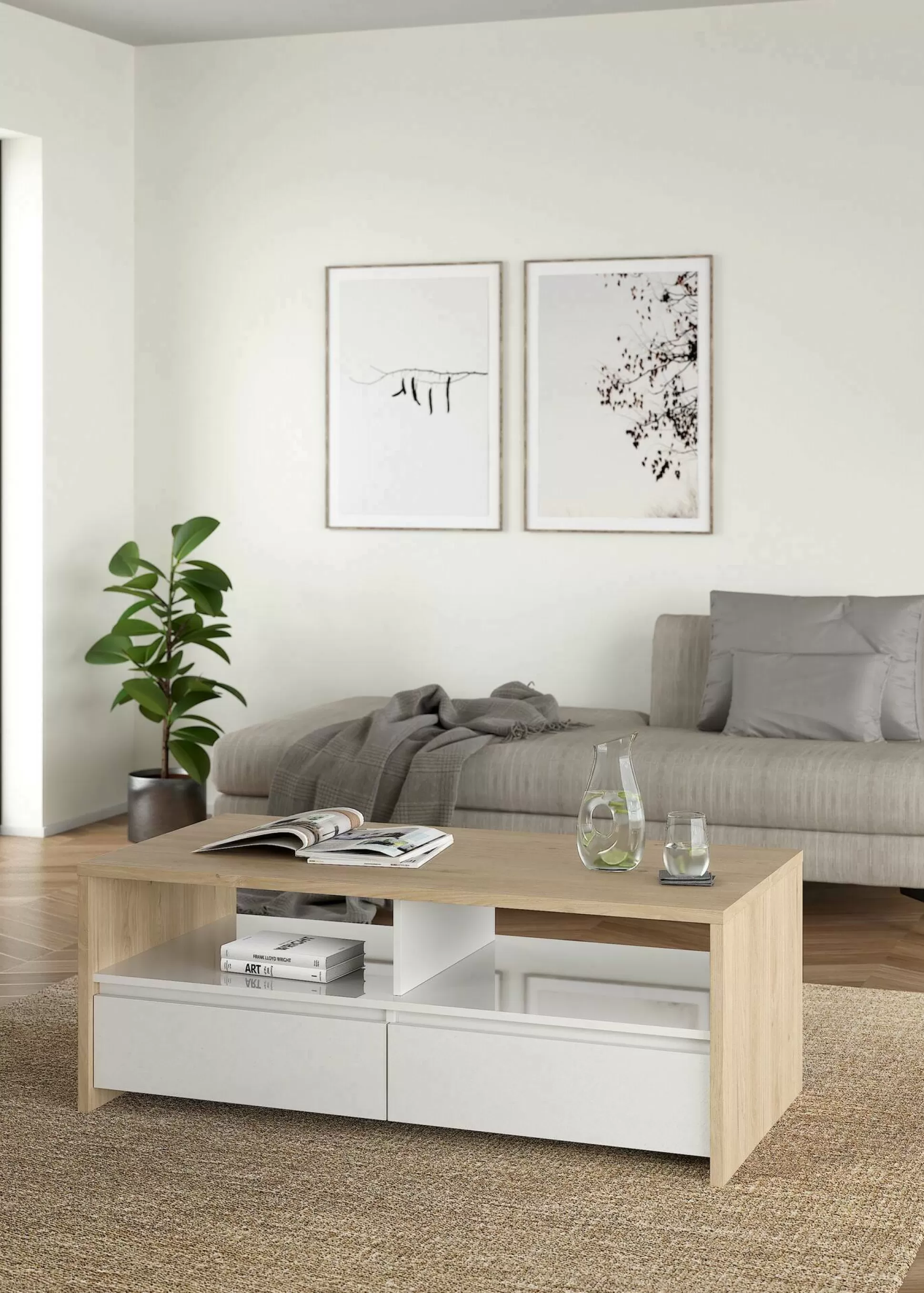 Dmora Tavolini Da Salotto<Tavolino da salotto Shote, 60x120 h46 cm, Rovere e Bianco