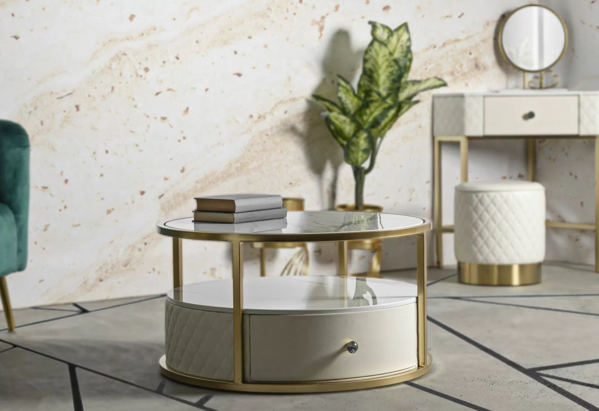 Dmora Tavolini Da Salotto<Tavolino da salotto Stabia, 75x75 h40 cm, Bianco e Oro